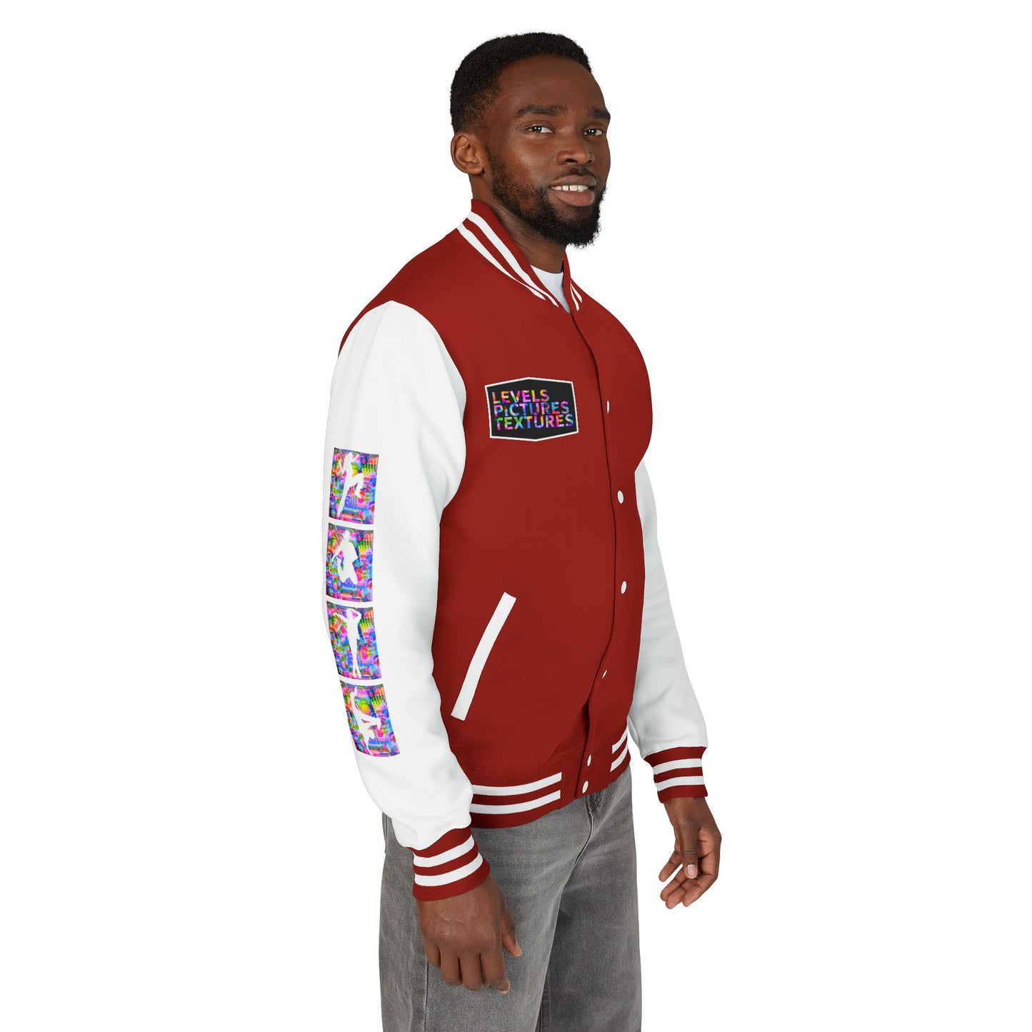 Levels Premium Collection Dance Letterman Jacket β Colorful Unisex Streetwear Varsity Jacket with "Levels Pictures Textures" Front and Dancer Silhouette Back Graphic
