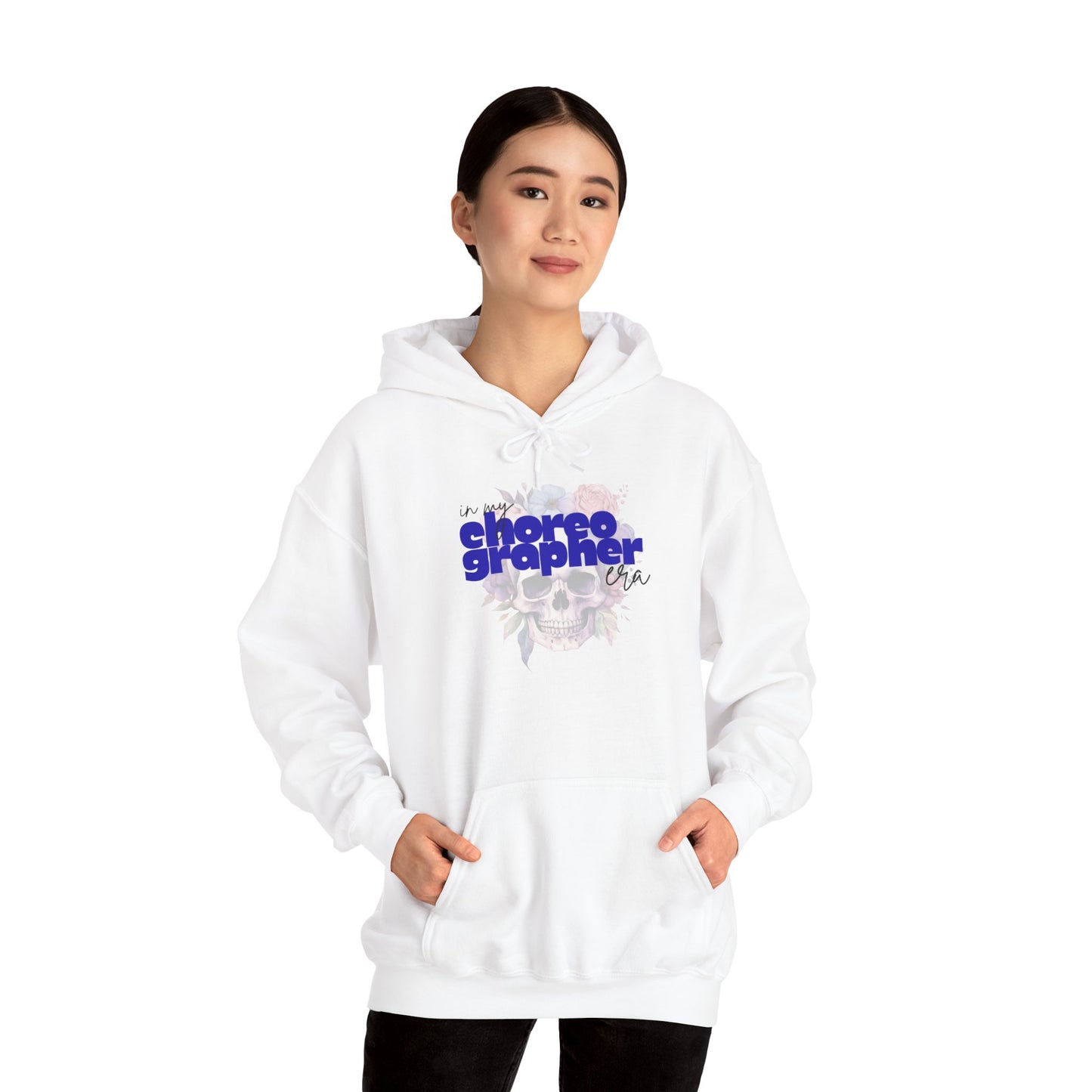 Person wearing a white hoodie with 'choreographer' text on a white background