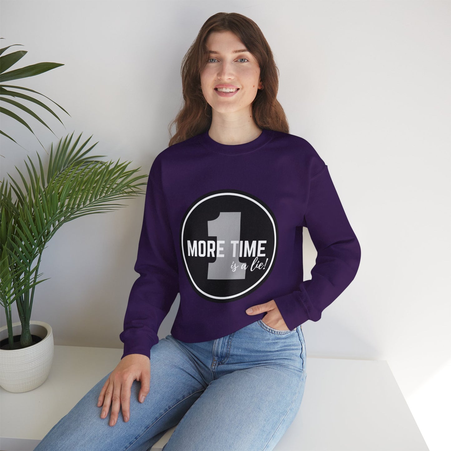 "One More Time Is a Lie." Unisex Heavy Blend Crewneck Sweatshirt – Bold Emblem Graphic Dance Teacher Quote Pullover for Dancers & Studio Life