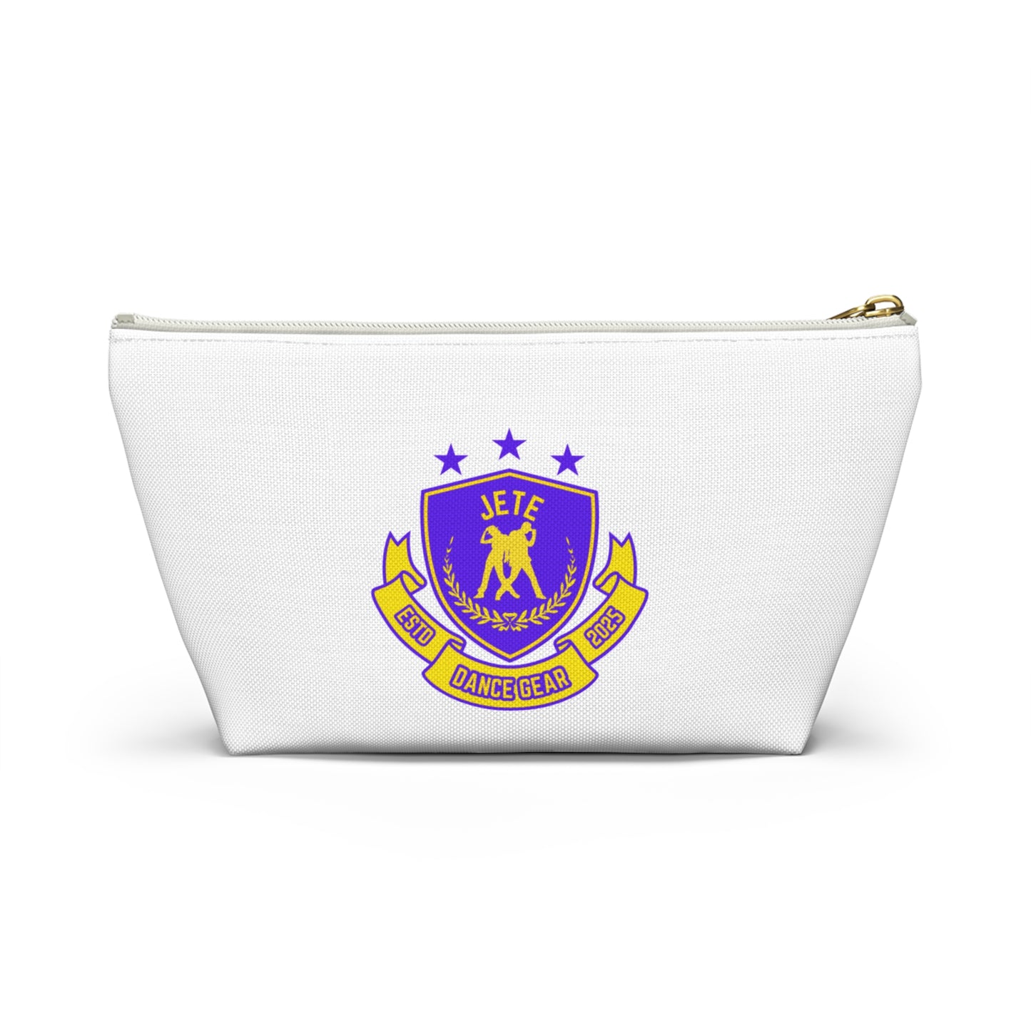 “Jeté Dance Gear" Makeup Bag – Colorful Collegiate-Inspired Dance Graphic – Stylish Zipper Pouch for Cosmetics, Accessories & Team Essentials