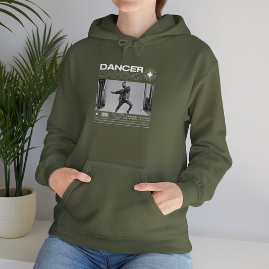 “Dancer” Text with Jazz-Inspired Streetwear-Style Pose Graphic – Unisex Heavy Blend™ Hooded Sweatshirt – Cozy Dance Hoodie for Jazz Dancers & Performing Arts Lovers  "