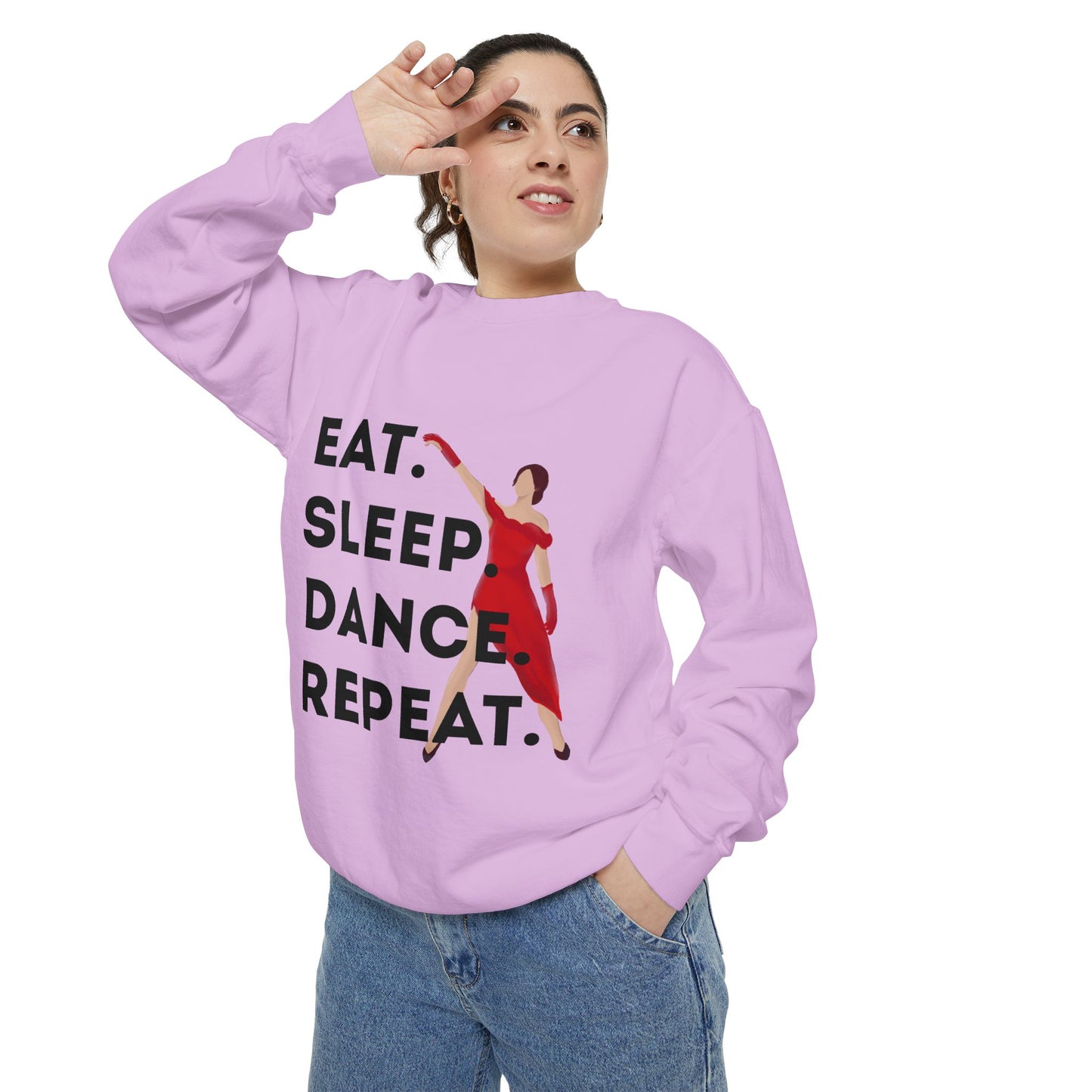 "Eat, Sleep, Dance, Repeat" Unisex Lightweight Crewneck Sweatshirt – Bold Dance Graphic Pullover for Dancers & Studio Life Enthusiasts