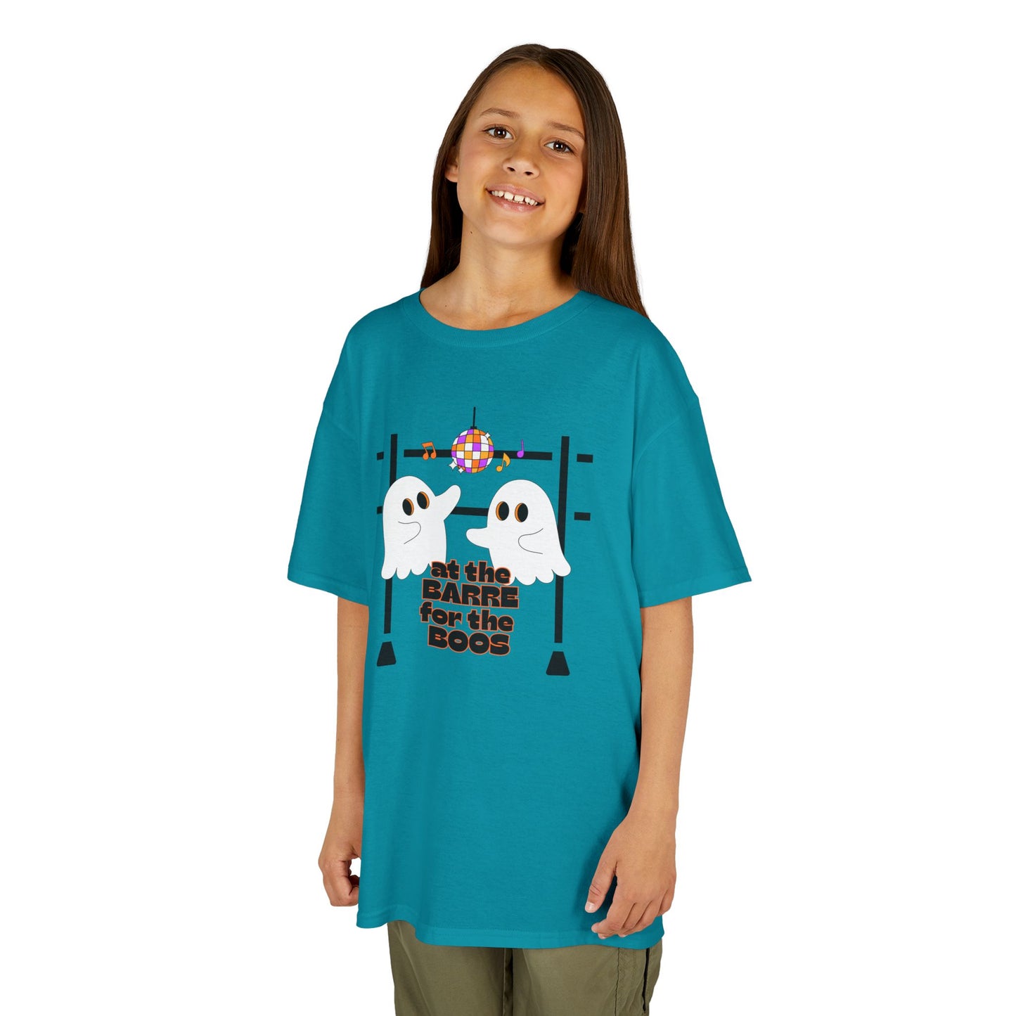 “At the Barre for the Boos” Halloween Dance T-Shirt with Cute Ghost Ballet Graphics - Kids Heavy Cotton™ Tee