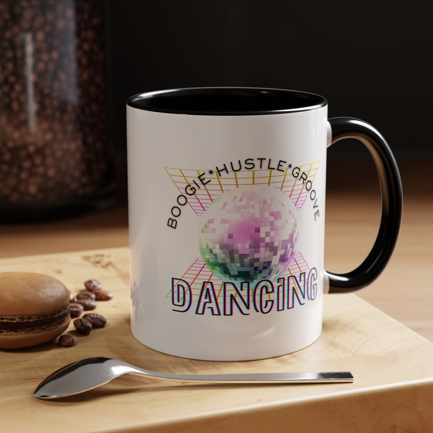 "Boogie, Hustle, Groove - Dancing" Disco Accent Coffee Mug – Fun Retro Dance Gift for Coffee Lovers
