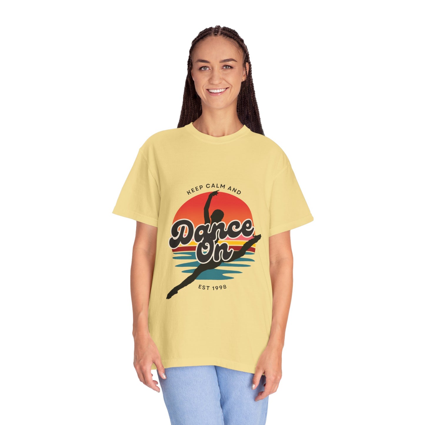 "Keep Calm and Dance On" Unisex Garment-Dyed T-Shirt – Retro Dance Graphic Tee – Vintage-Inspired Comfort Shirt for Dancers