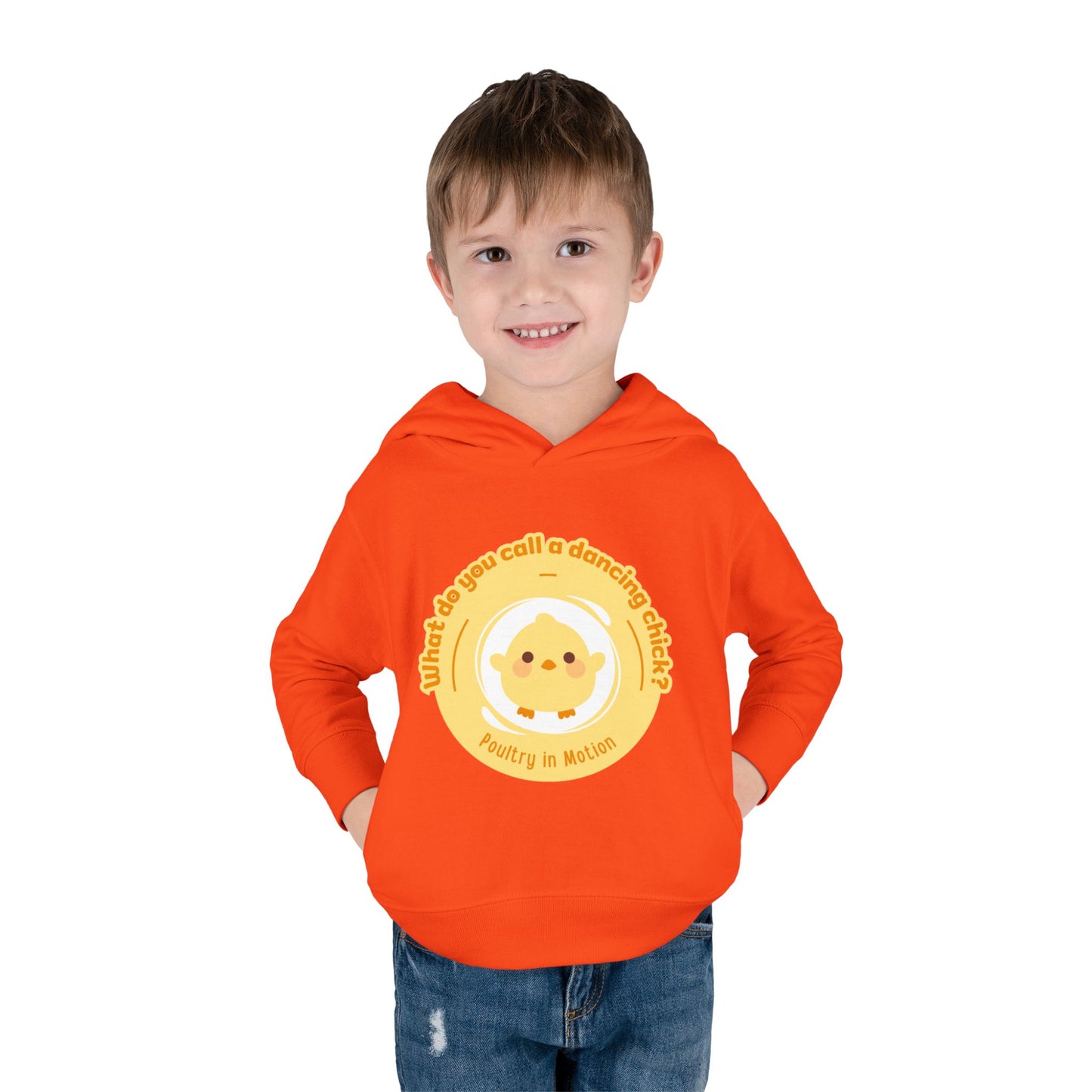 "What do you call a dancing chick? Poultry in Motion." Toddler Pullover Hoodie – Funny Dancing Chicken Pun Graphic Fleece Sweatshirt for Kids