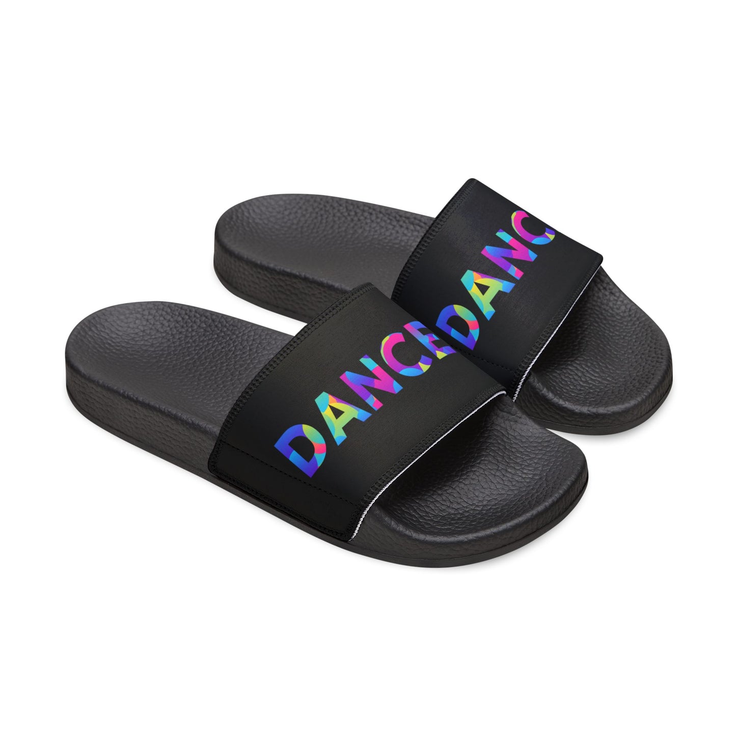 YOUTH SIZES - “Dancer” Colorful Text – Dance-Inspired Custom Slides with Removable Straps | Youth Sandal Slides
