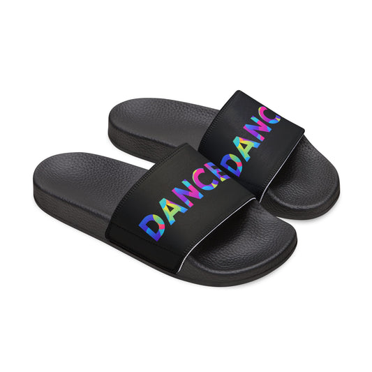 YOUTH SIZES - “Dancer” Colorful Text – Dance-Inspired Custom Slides with Removable Straps | Youth Sandal Slides