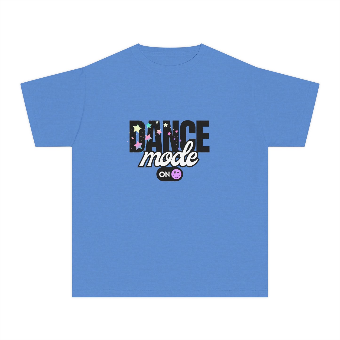 “Dance Mode On" Comfort Colors Youth Midweight T-Shirt – Pastel Stars & Smiley Face Dance Graphic Tee for Kids