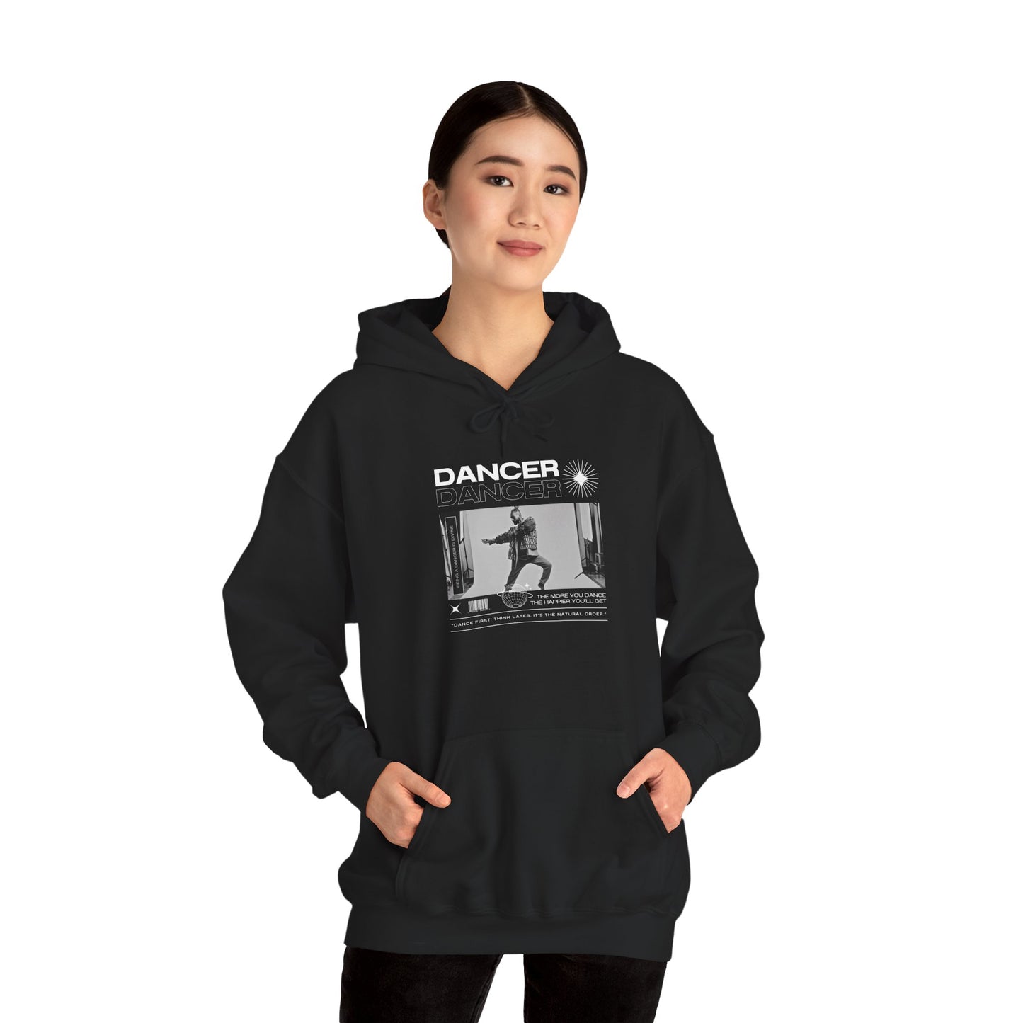 “Dancer” Text with Jazz-Inspired Streetwear-Style Pose Graphic – Unisex Heavy Blend™ Hooded Sweatshirt – Cozy Dance Hoodie for Jazz Dancers & Performing Arts Lovers  "