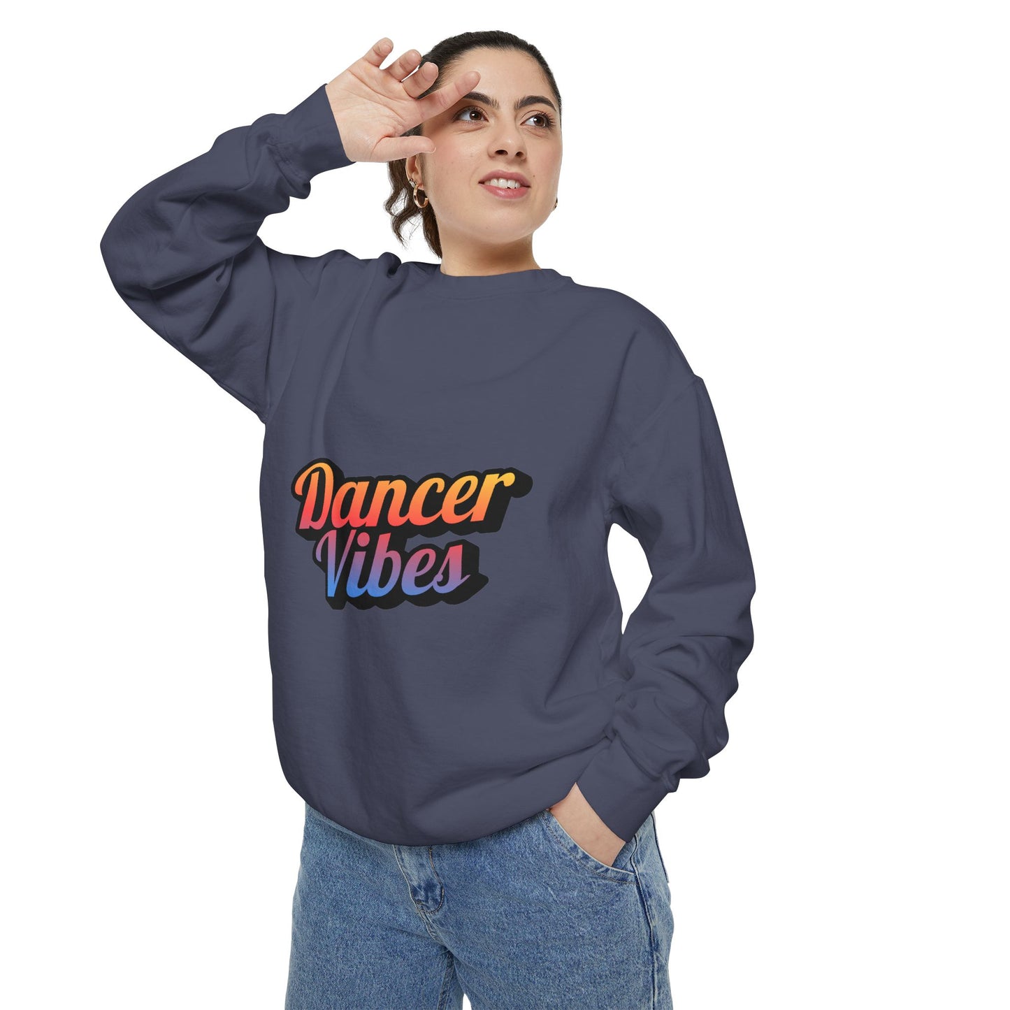 "Dancer Vibes" Unisex Lightweight Crewneck Sweatshirt – Colorful Text Graphic Pullover for Dance Lovers & Studio Style