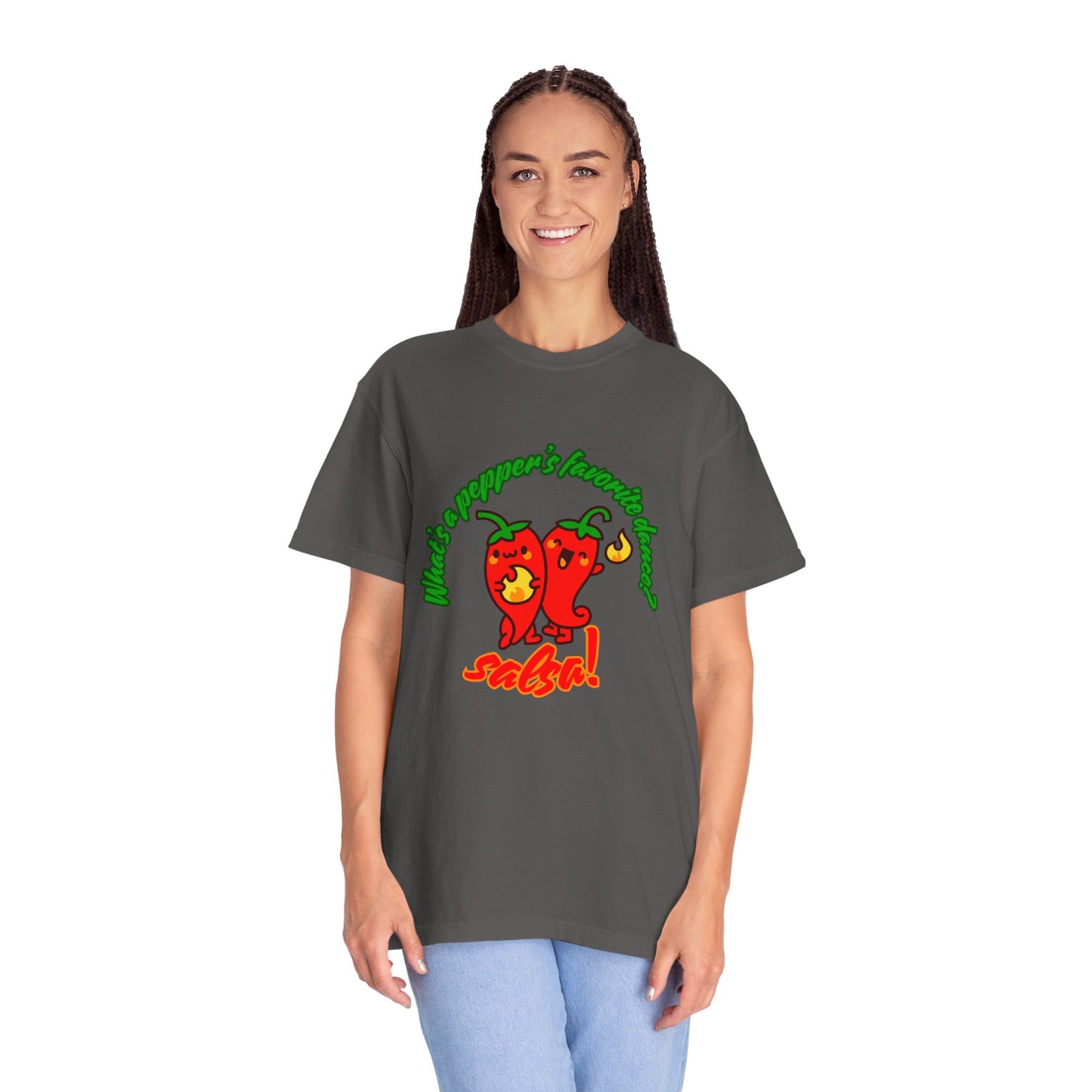 "What's a Pepper's Favorite Dance? Salsa!" Dance Pun Unisex Garment-Dyed T-Shirt – Funny Dance Joke Tee with Cute Pepper Graphic – Dance Humor Shirt for Food & Pun Lovers