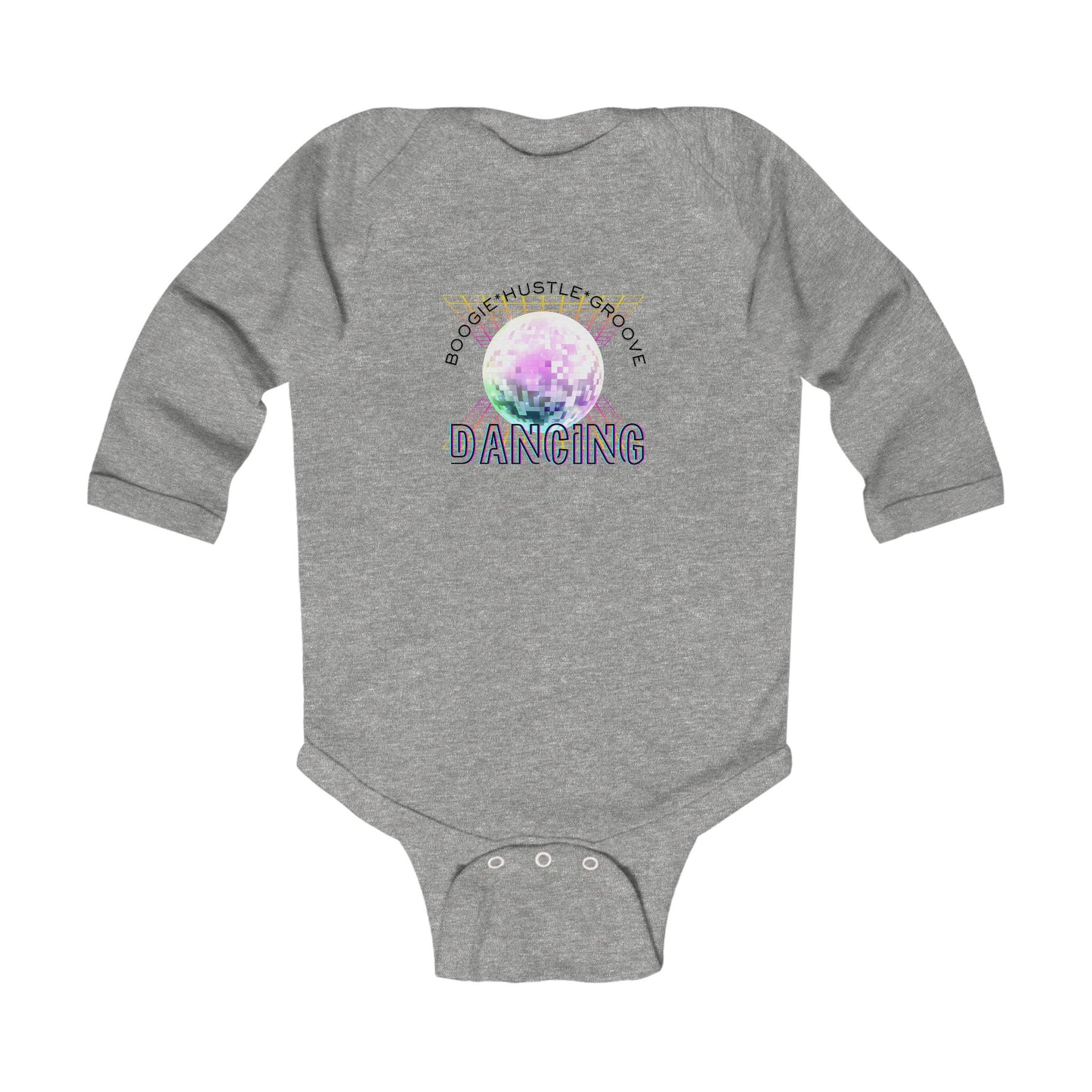 "Boogie, Hustle, Groove - Dancing" Infant Long Sleeve Bodysuit | Retro Dance Baby Onesie for Future Dancers