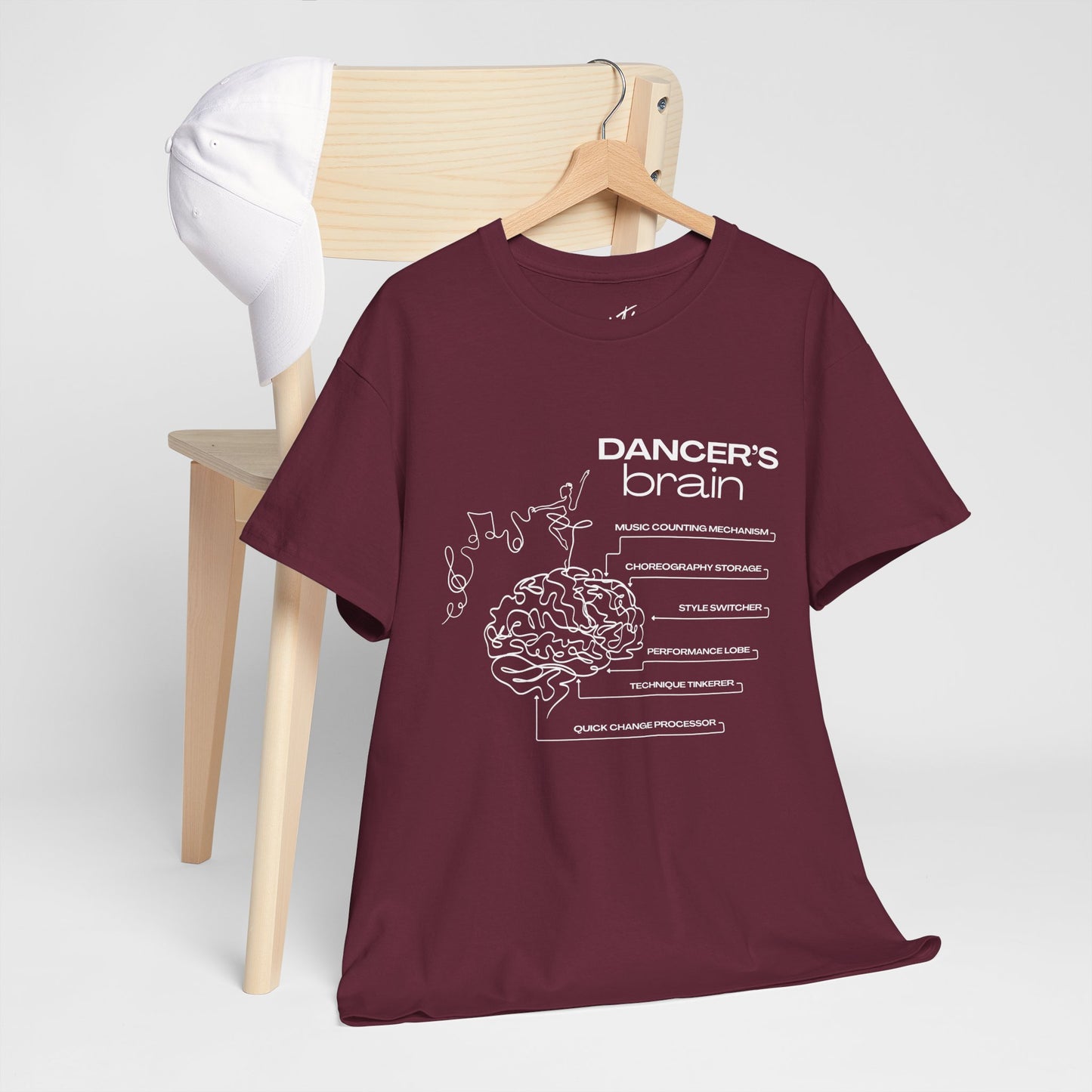 “Dancer’s Brain” Funny Dance Anatomy T-Shirt – Unisex Heavy Cotton Tee with Cute Dancer Brain Diagram and Optional Back Personalization