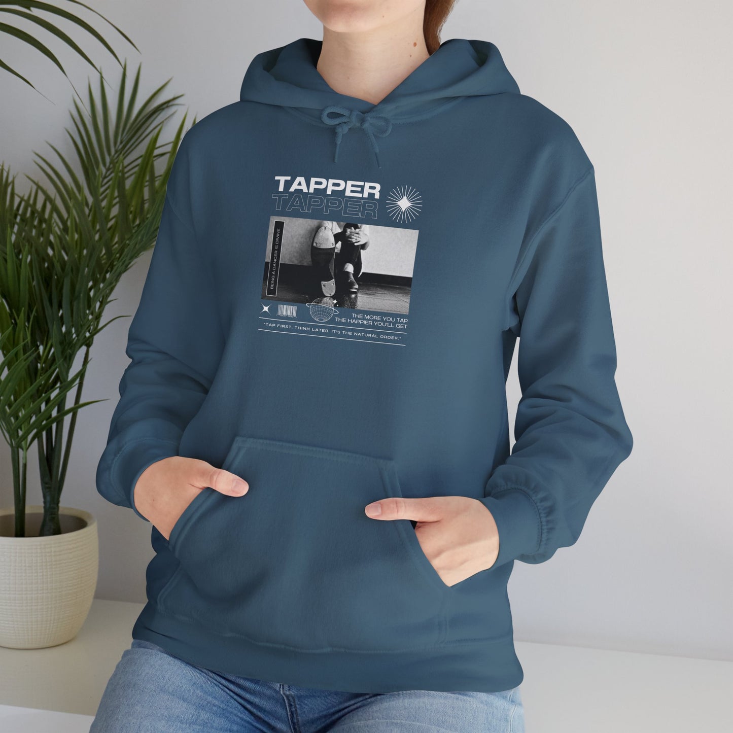 “Tapper” Tap Dance Text with Streetwear-Style Tap Shoes Graphic – Unisex Heavy Blend™ Hooded Sweatshirt – Cozy Dance Hoodie for Tap Dancers & Performing Arts Fans