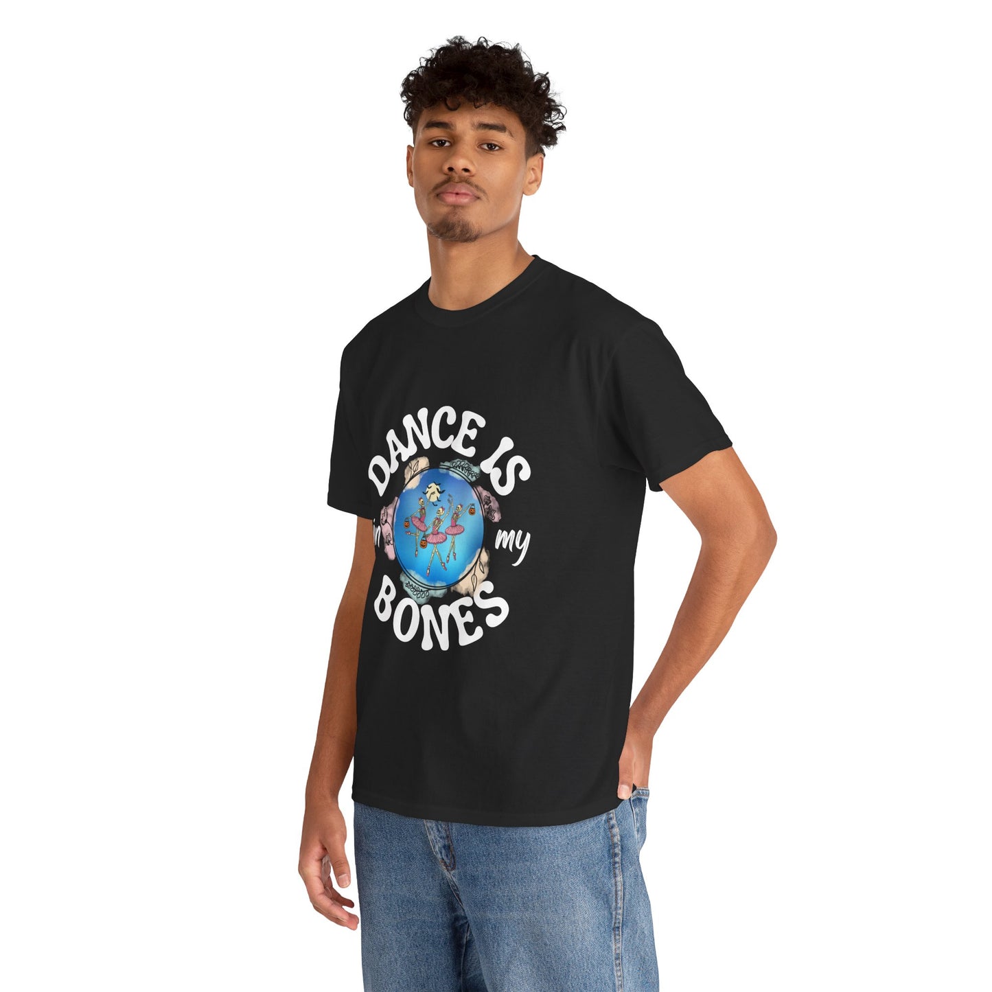 “Dance Is in My Bones” Halloween Dance T-Shirt with Dancing Skeletons Graphic - Unisex Heavy Cotton Tee