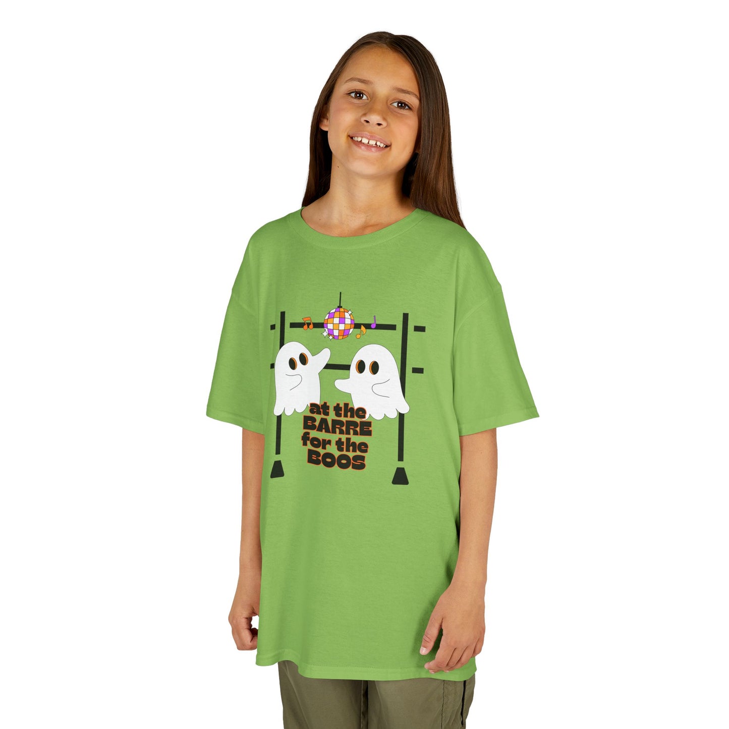 “At the Barre for the Boos” Halloween Dance T-Shirt with Cute Ghost Ballet Graphics - Kids Heavy Cotton™ Tee