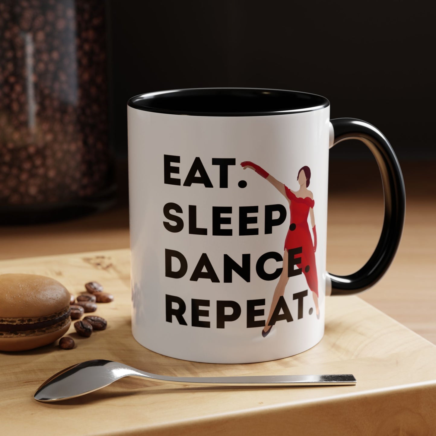 "Eat Sleep Dance Repeat" Accent Coffee Mug – Bold Dancer Graphic Ceramic Mug for Dance Lovers