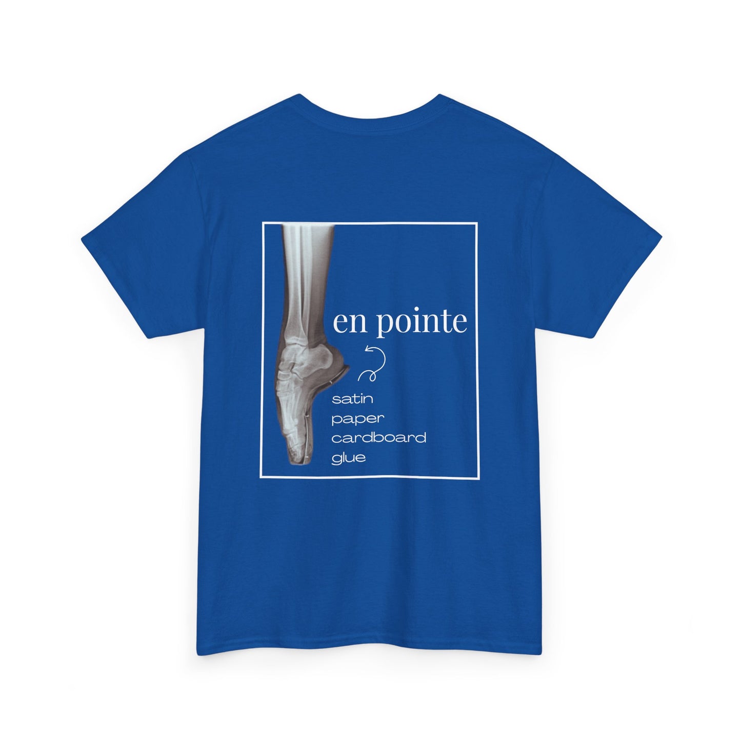 “I Dance en Pointe” X-Ray Ballet T-Shirt – Unisex Heavy Cotton Tee Featuring Pointe Shoe Foot Graphic with Optional Name or Studio Personalization on the back