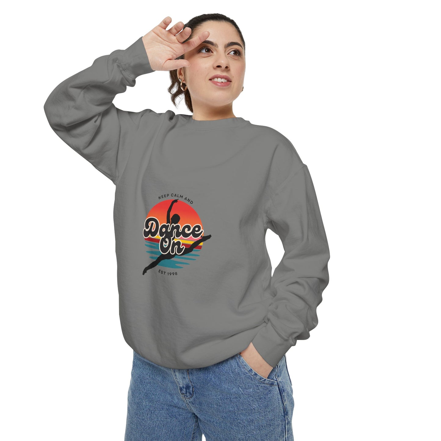 "Keep Calm and Dance On" Unisex Lightweight Crewneck Sweatshirt – Retro-Inspired Dance Graphic Pullover for Dancers & Movement Lovers