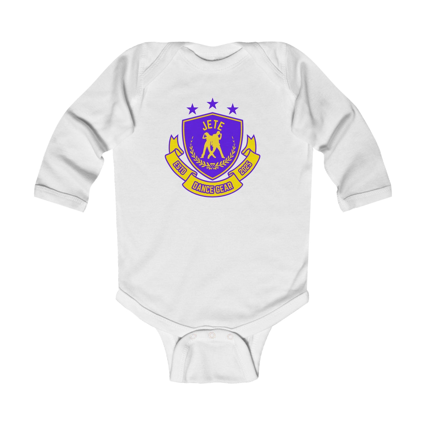 "Jeté Dance Gear" Infant Long Sleeve Bodysuit – Collegiate-Inspired Dance Graphic Baby Outfit for Future Dancers