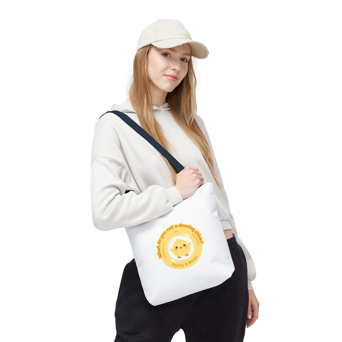 "What do you call a dancing chick? Poultry in Motion" Funny Dance Tote Bag – Kawaii Chicken Canvas Tote for Dancers & Dance Lovers