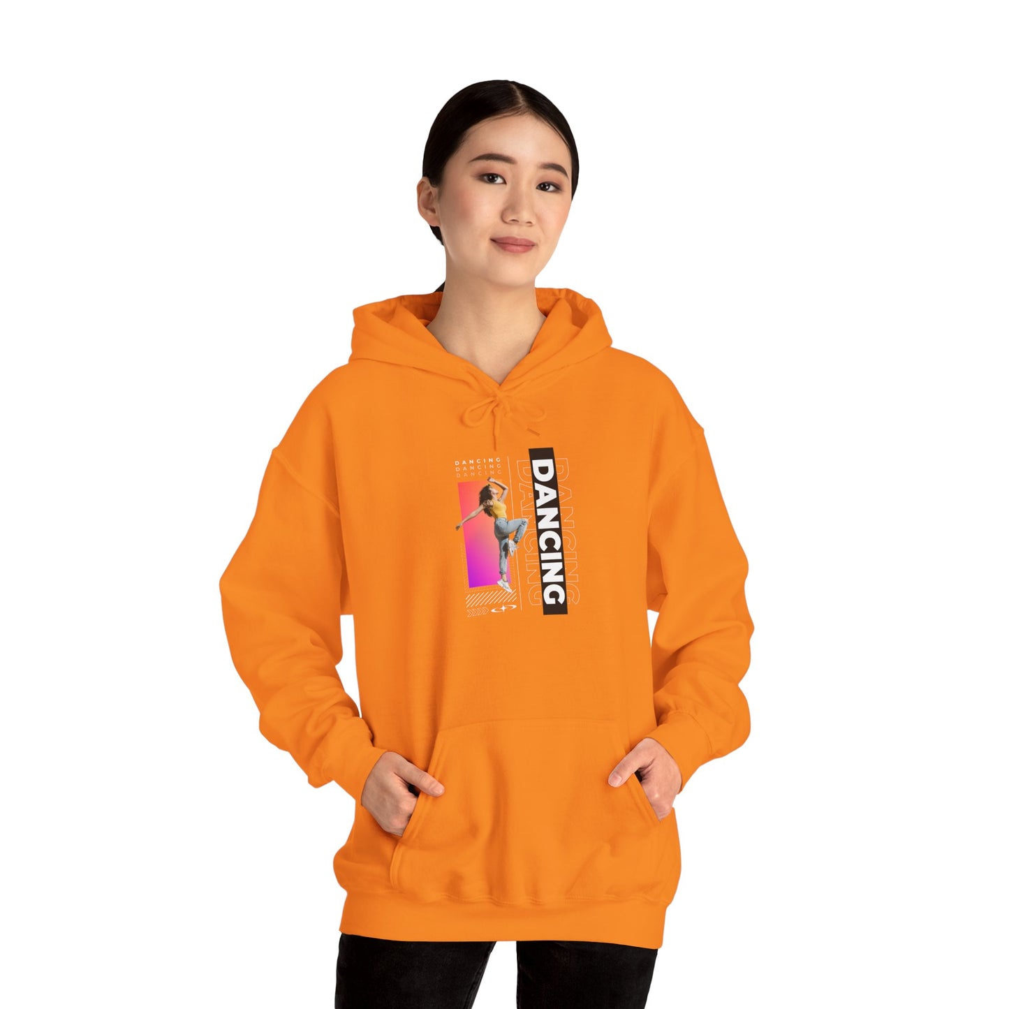 Dancing” Text with Streetwear-Style Female Dancer Graphic - Unisex Heavy Blend™ Hooded Sweatshirt – Cozy Dance Hoodie for Ballet & Hip-Hop Enthusiasts