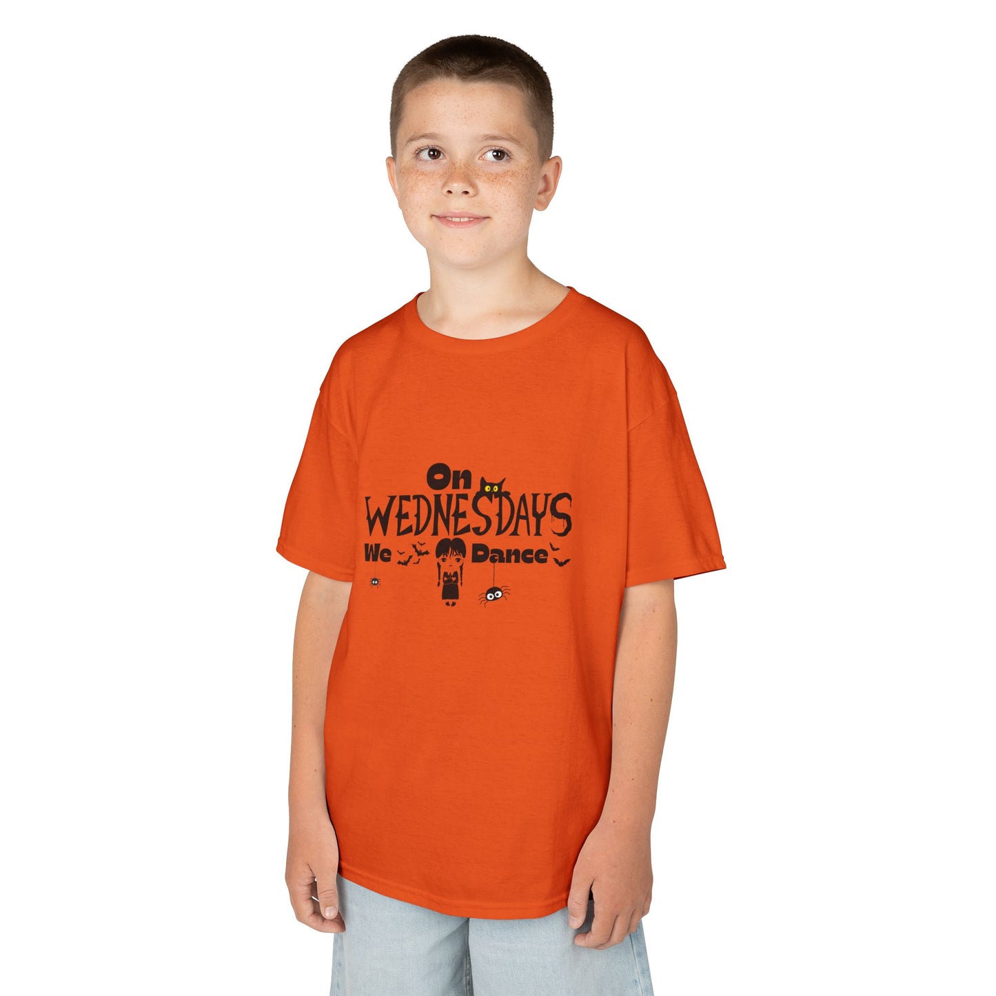 “On Wednesdays We Dance” Gothic Halloween T-Shirt with Cute Girl, Black Cat, Spiders & Bats - Kids Heavy Cotton™ Tee