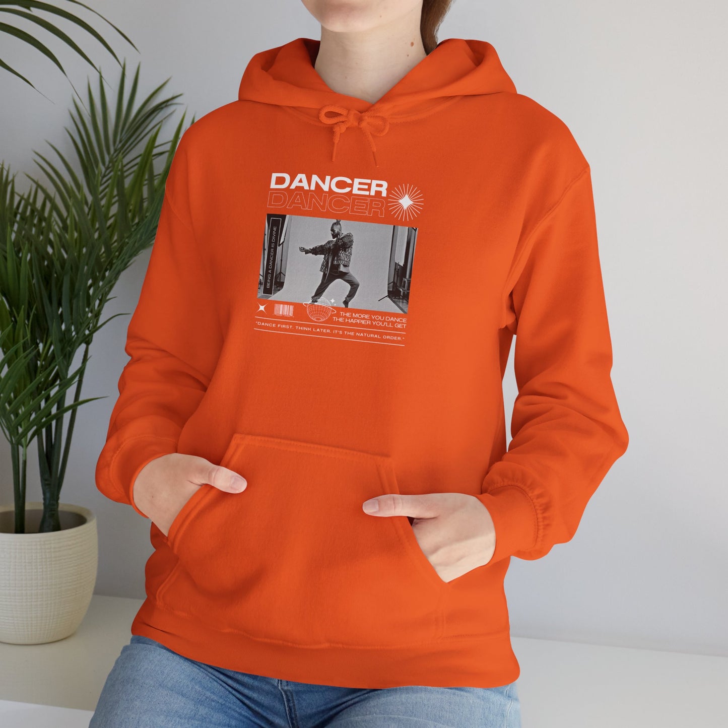 “Dancer” Text with Jazz-Inspired Streetwear-Style Pose Graphic – Unisex Heavy Blend™ Hooded Sweatshirt – Cozy Dance Hoodie for Jazz Dancers & Performing Arts Lovers "