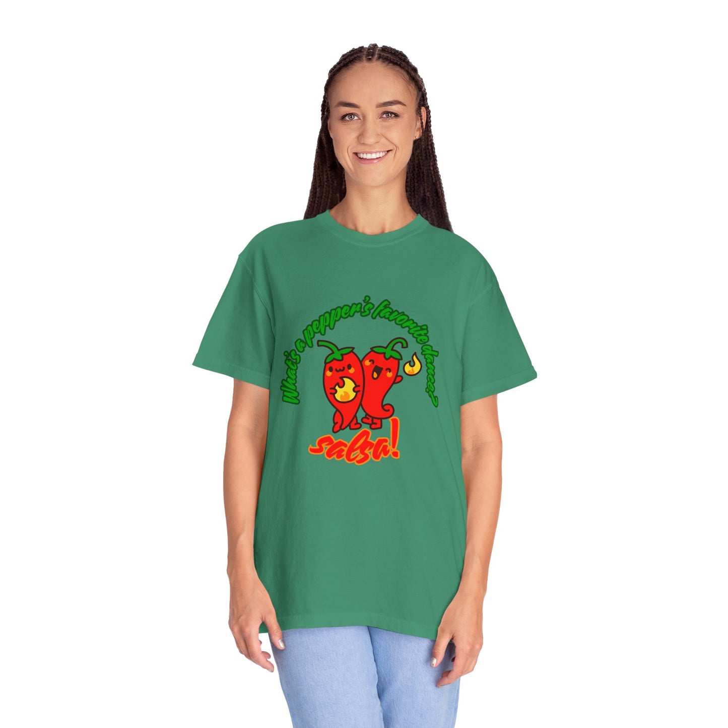 "What's a Pepper's Favorite Dance? Salsa!" Dance Pun Unisex Garment-Dyed T-Shirt – Funny Dance Joke Tee with Cute Pepper Graphic – Dance Humor Shirt for Food & Pun Lovers
