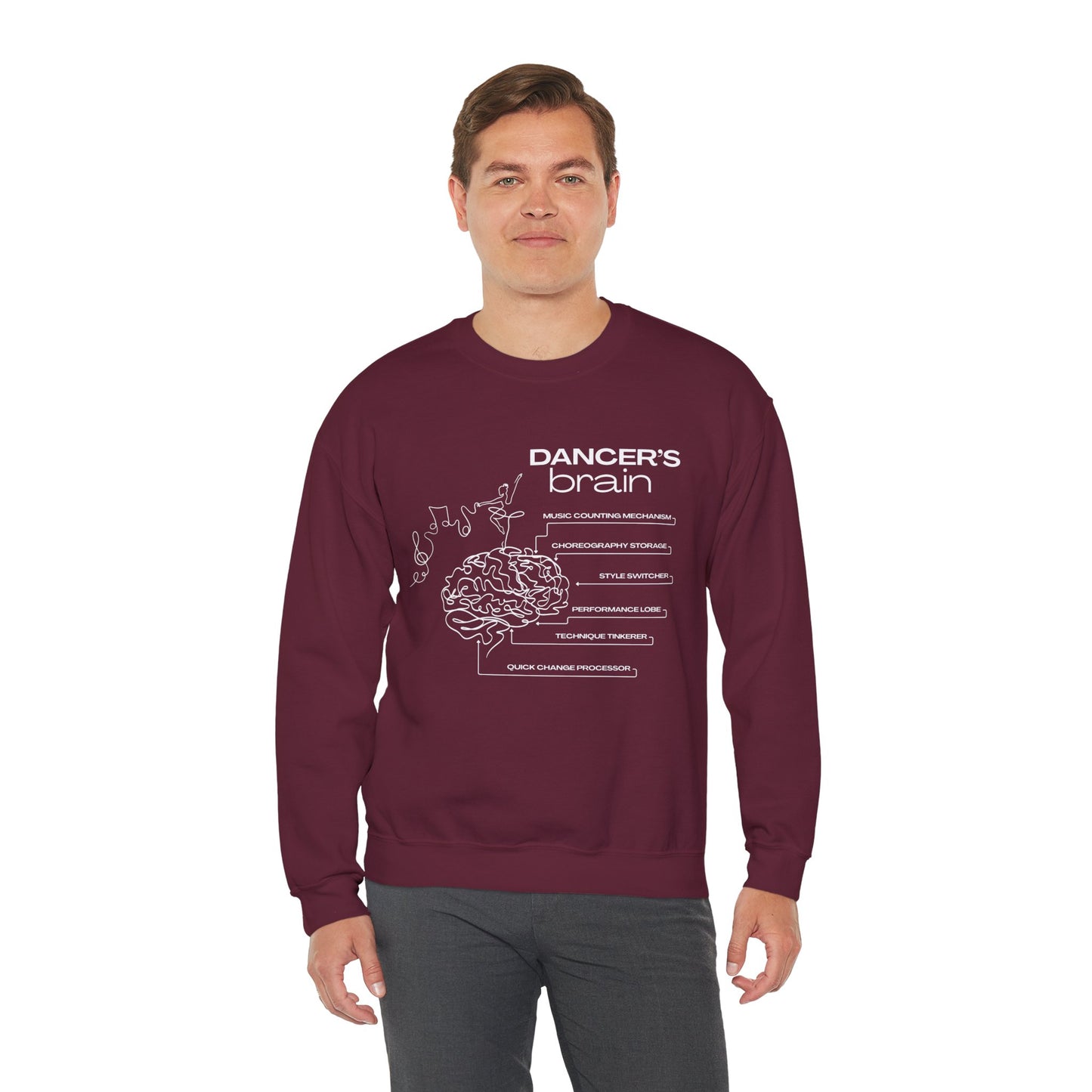 “Dancer’s Brain” Funny Dance Anatomy Sweatshirt – Unisex Heavy Blend Crewneck with Optional Name or Studio Personalization