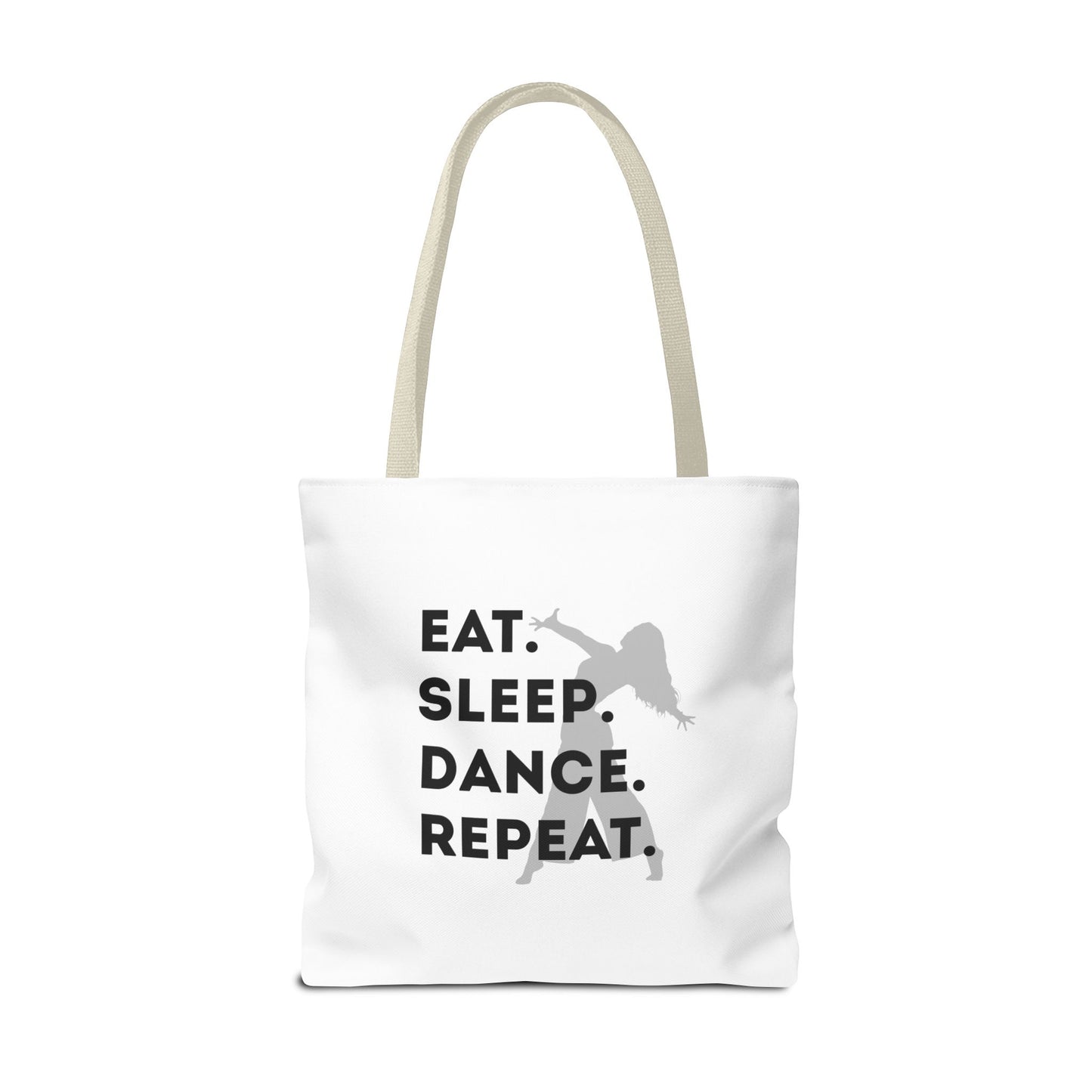 "Eat Sleep Dance Repeat" Canvas Tote Bag – Gray Dancer Silhouette Dance-Themed Reusable Shoulder Bag for Dancers, Studio, or Everyday Use