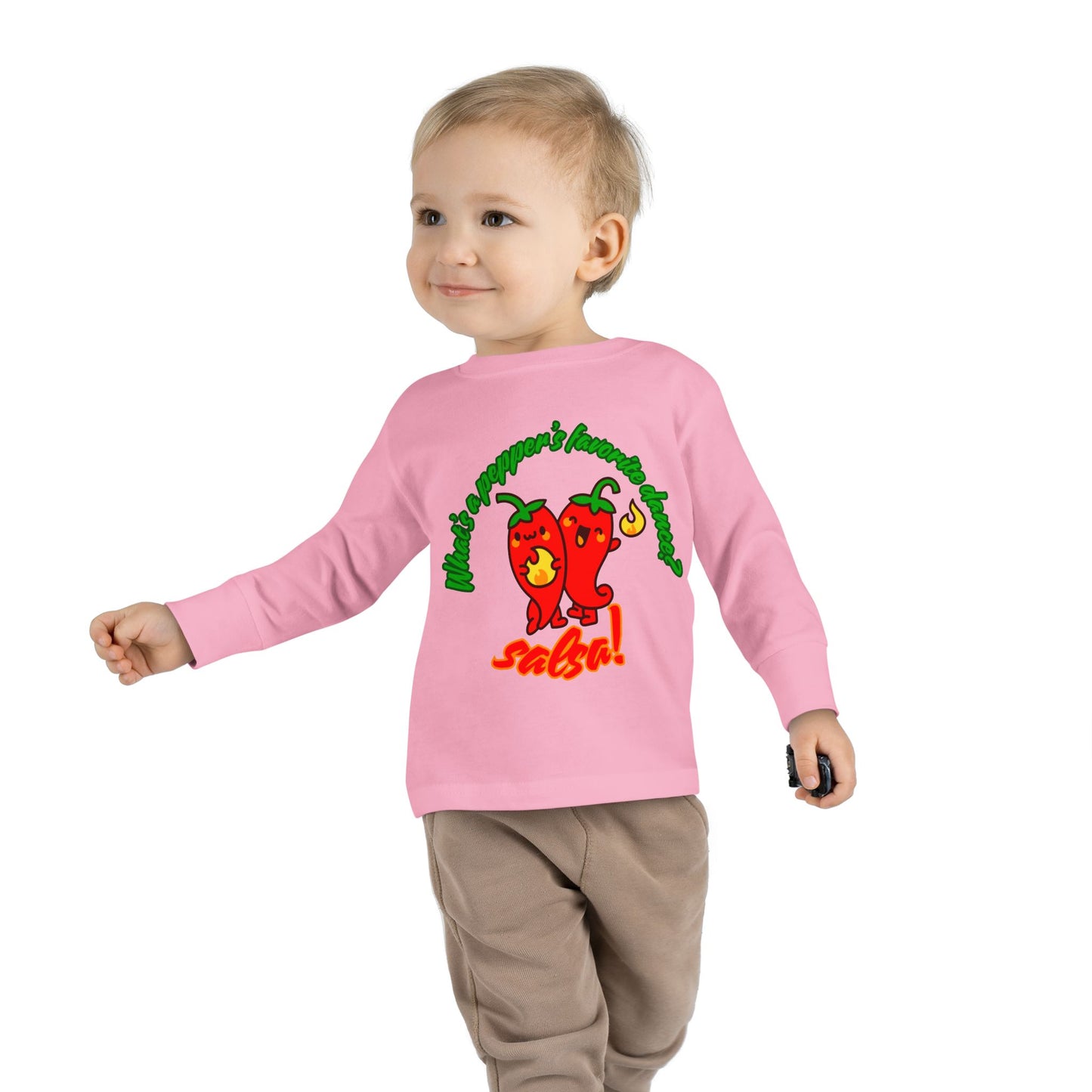 "What Is a Pepper's Favorite Dance? Salsa!" Toddler Dance T-Shirt – Cute Pepper Pun Graphic Long Sleeve Tee for Kids