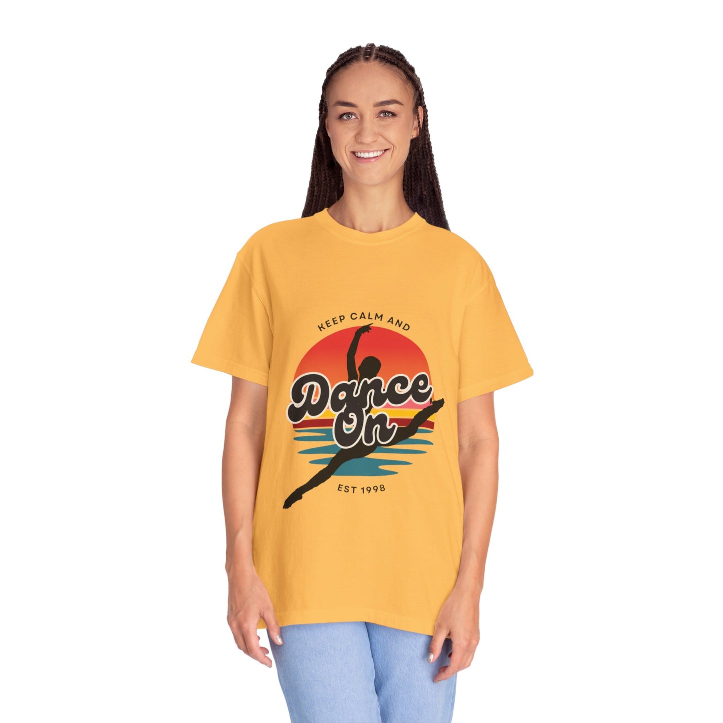 "Keep Calm and Dance On" Unisex Garment-Dyed T-Shirt – Retro Dance Graphic Tee – Vintage-Inspired Comfort Shirt for Dancers