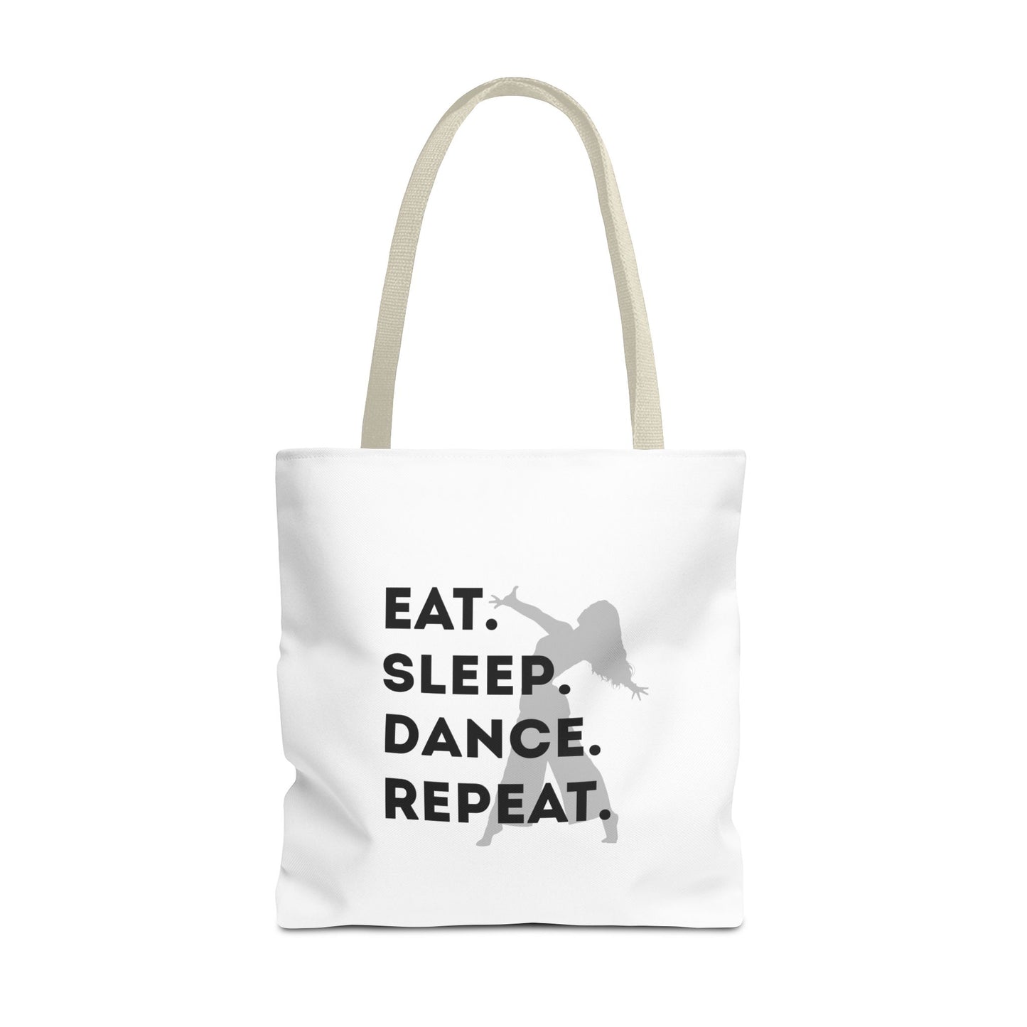 "Eat Sleep Dance Repeat" Canvas Tote Bag – Gray Dancer Silhouette Dance-Themed Reusable Shoulder Bag for Dancers, Studio, or Everyday Use