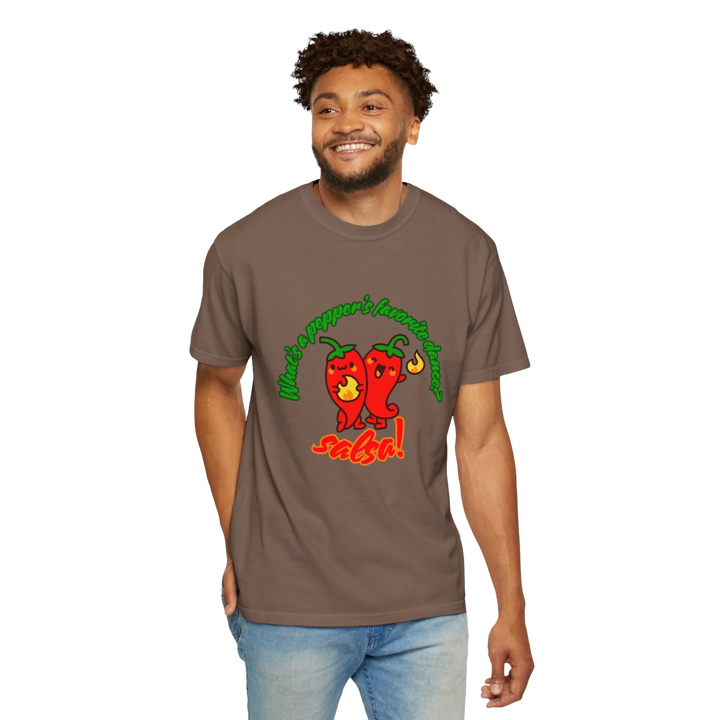 "What's a Pepper's Favorite Dance? Salsa!" Dance Pun Unisex Garment-Dyed T-Shirt – Funny Dance Joke Tee with Cute Pepper Graphic – Dance Humor Shirt for Food & Pun Lovers