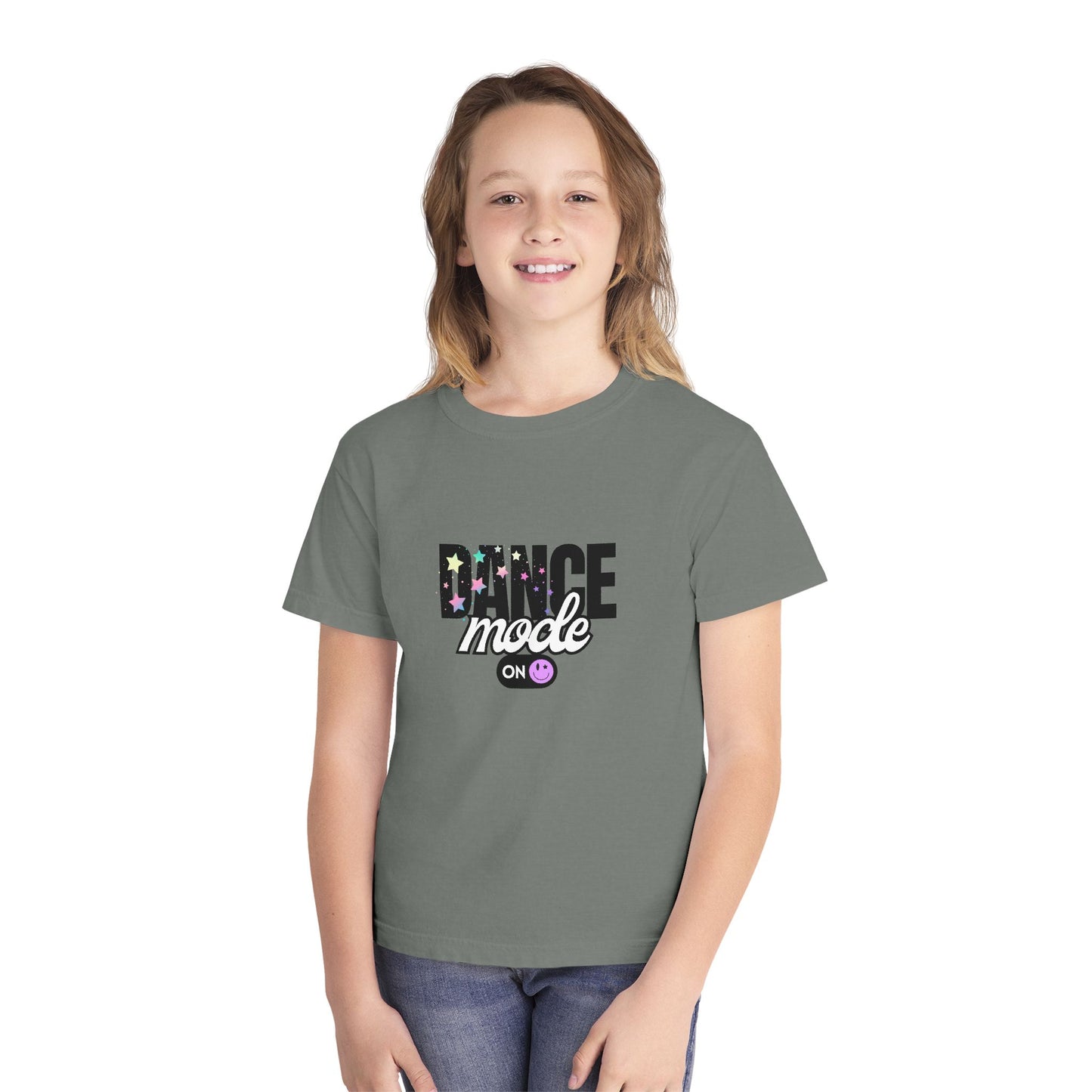 “Dance Mode On" Comfort Colors Youth Midweight T-Shirt – Pastel Stars & Smiley Face Dance Graphic Tee for Kids