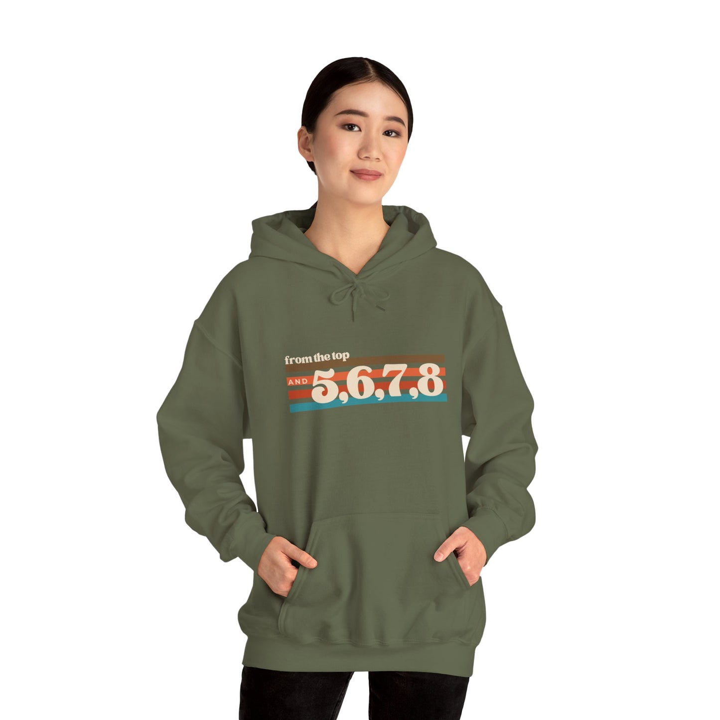 "From the Top and 5, 6, 7, 8" Unisex Hooded Sweatshirt – Retro Dance Rehearsal Hoodie for Dancers & Choreographers