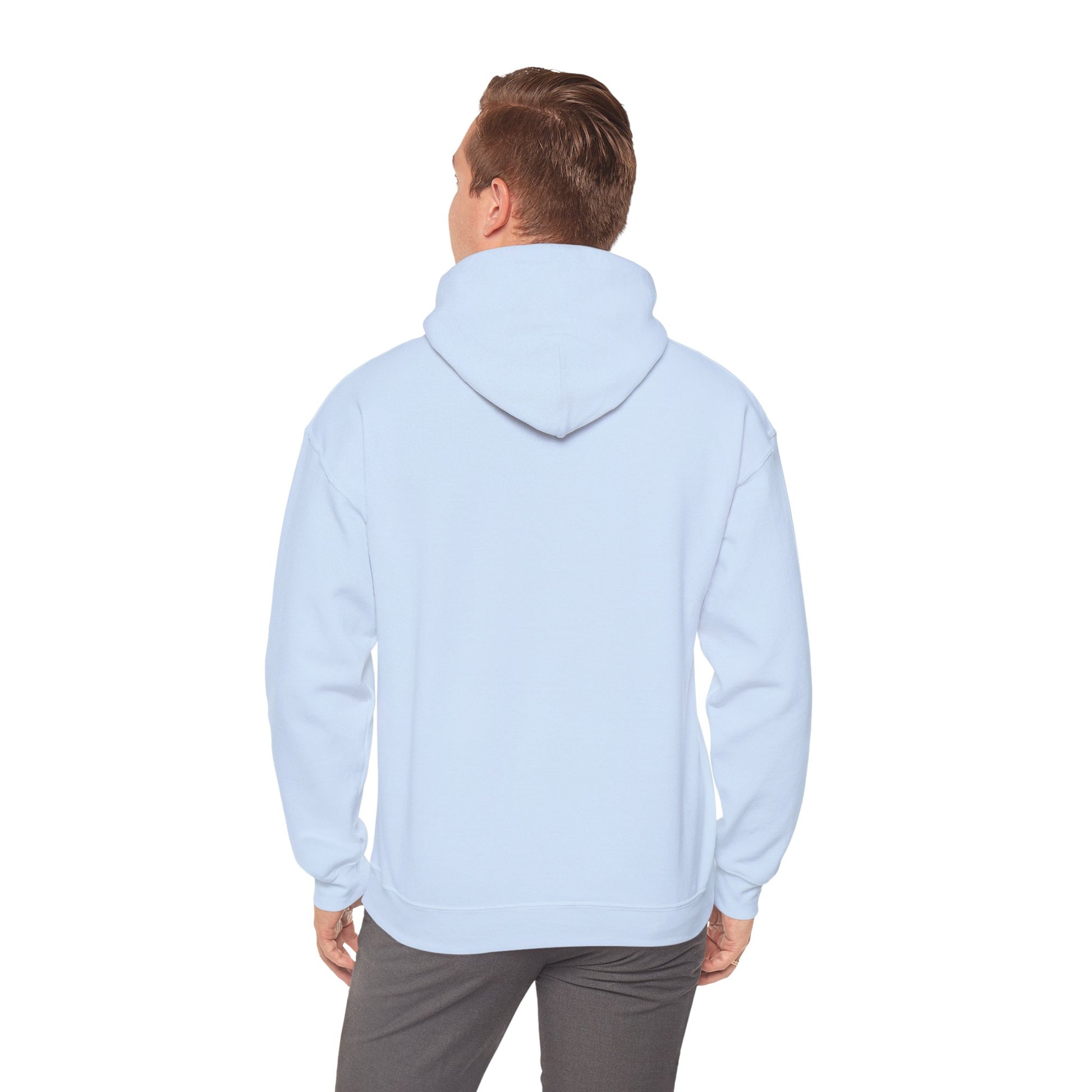 Person wearing a light blue hoodie on a white background