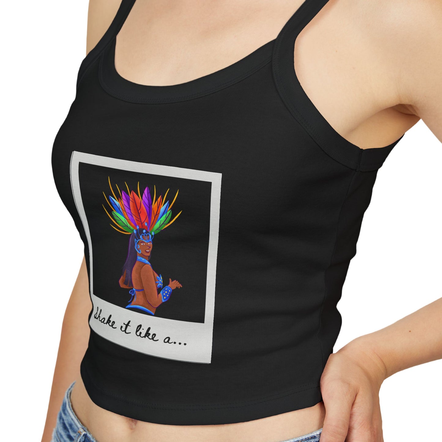 "Shake It Like a..." Women’s Spaghetti Strap Tank Top – Carnival-Inspired Samba Dancer Graphic | Fun Festival & Dancewear Top for Performers & Party Lovers
