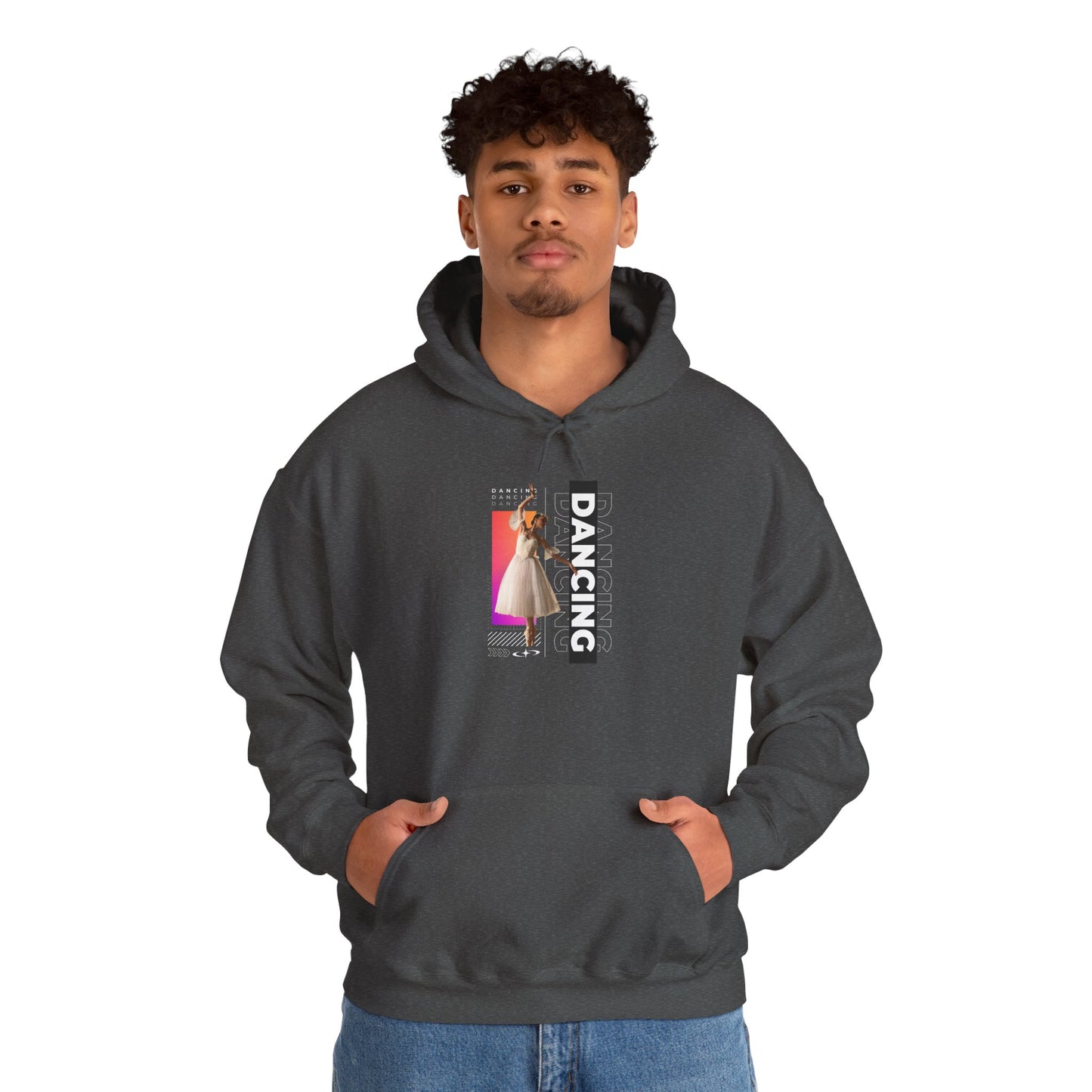 “Dancing” Text with Streetwear-Style Female Dancer Graphic - Unisex Heavy Blend™ Hooded Sweatshirt – Cozy Dance Hoodie for Ballet & Hip-Hop Enthusiasts
