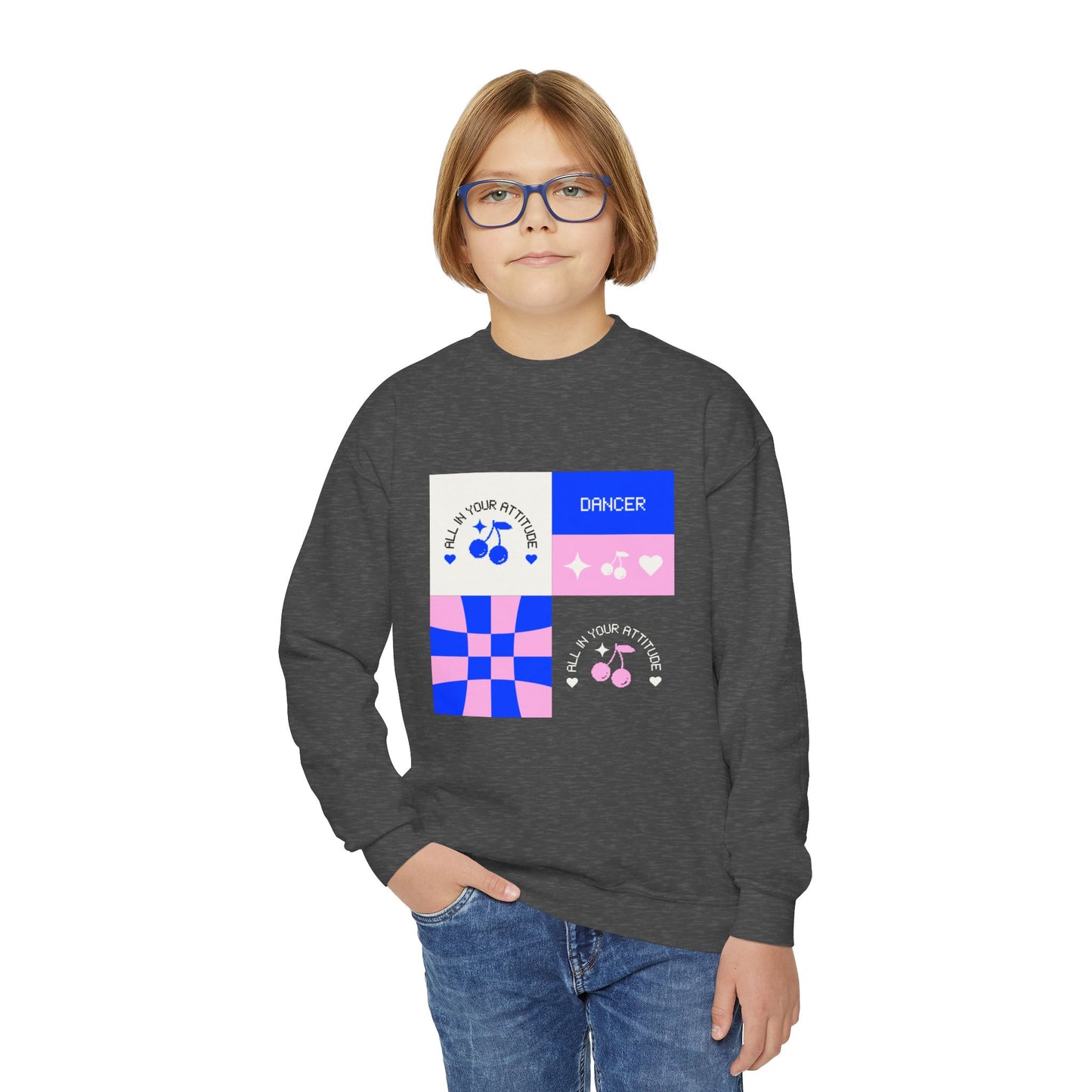 "Dancer – All in Your Attitude" Youth Crewneck Sweatshirt | Retro Dance Graphic Kids Pullover for Confident Movers