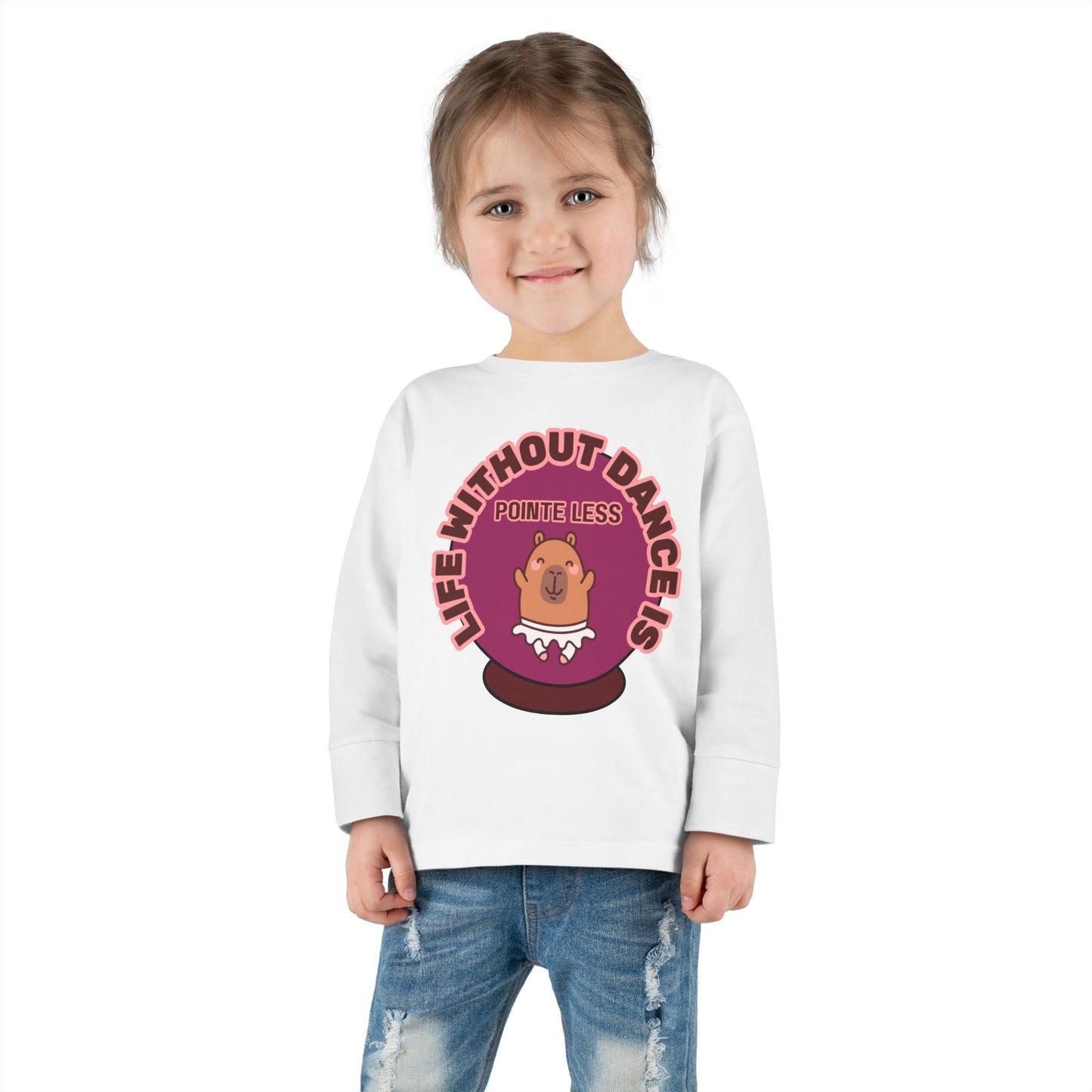 "Life Without Dance Is Pointeless" Toddler Dance T-Shirt – Cute Dancing Capybara Graphic Long Sleeve Tee for Kids