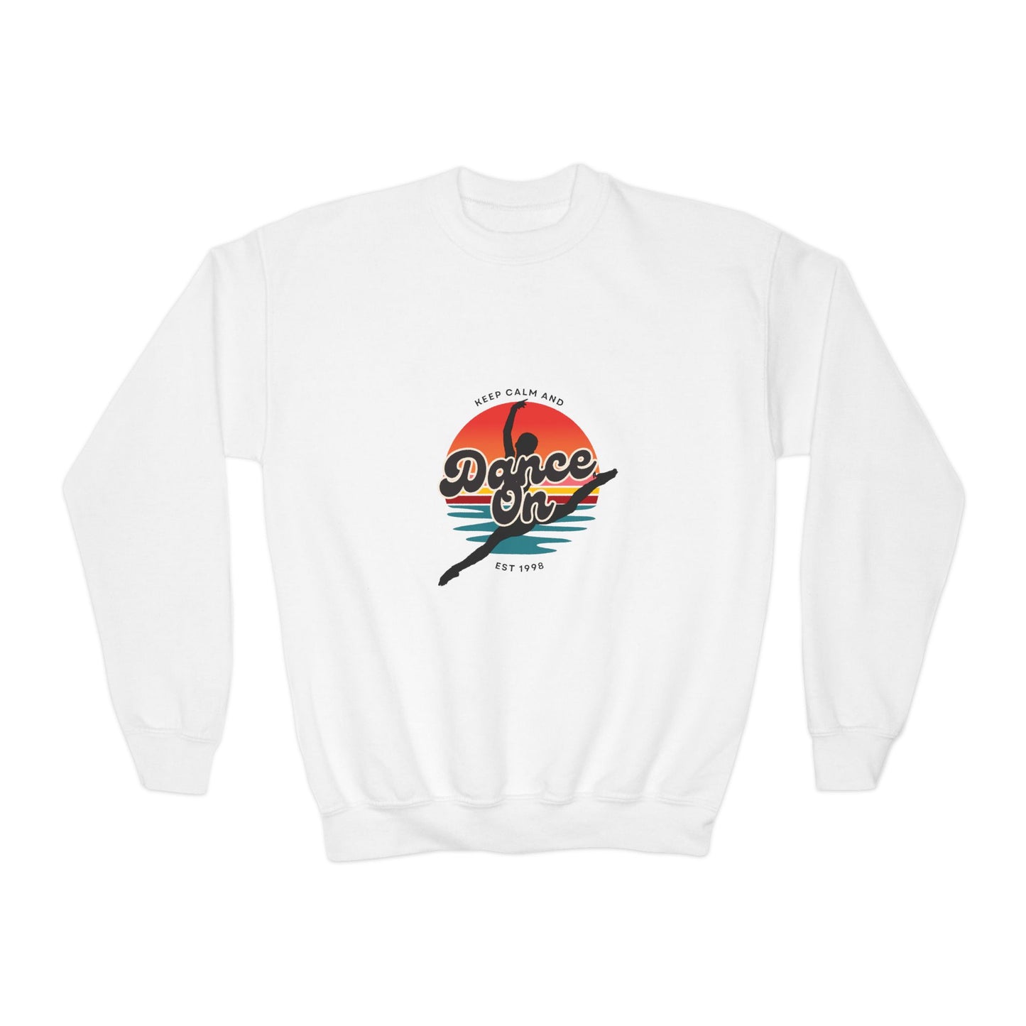 "Keep Calm and Dance On" Youth Crewneck Sweatshirt – Retro Graphic Dance-Themed Kids Pullover for Young Performers