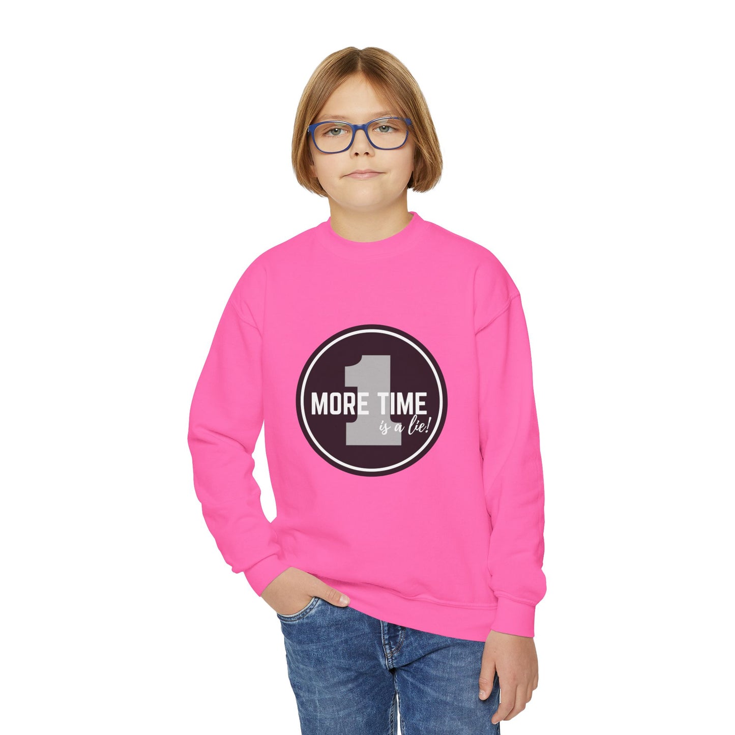"One More Time Is a Lie" – Bold Dance Quote Youth Crewneck Sweatshirt | Funny Rehearsal Kids Pullover
