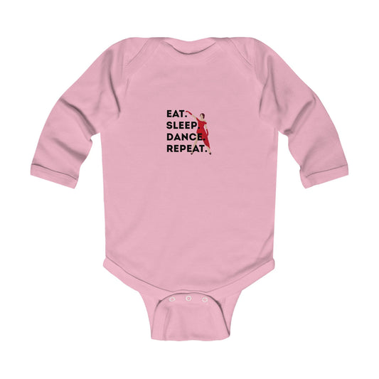 "Eat Sleep Dance Repeat" Infant Long Sleeve Bodysuit – Bold Dancer Graphic Baby Outfit for Dance-Loving Families