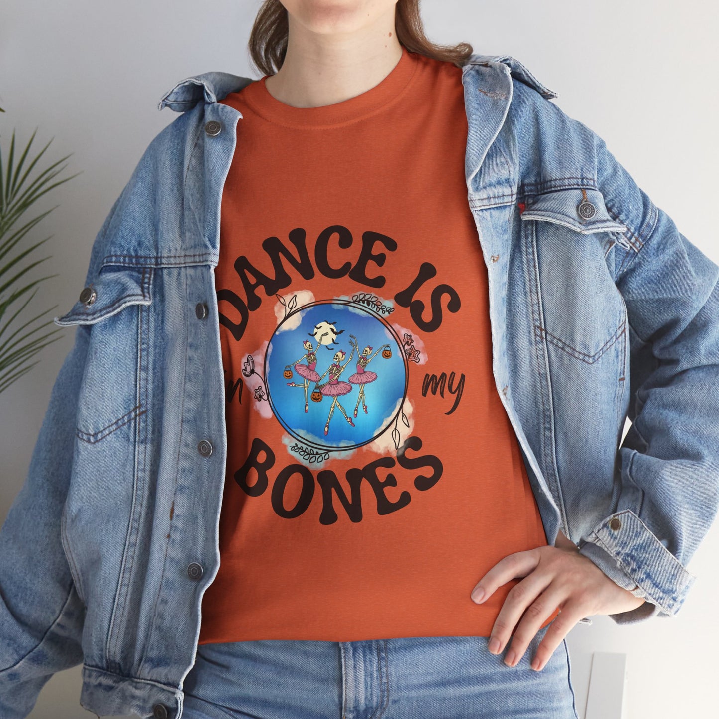 “Dance Is in My Bones” Halloween Dance T-Shirt with Dancing Skeletons Graphic - Unisex Heavy Cotton Tee