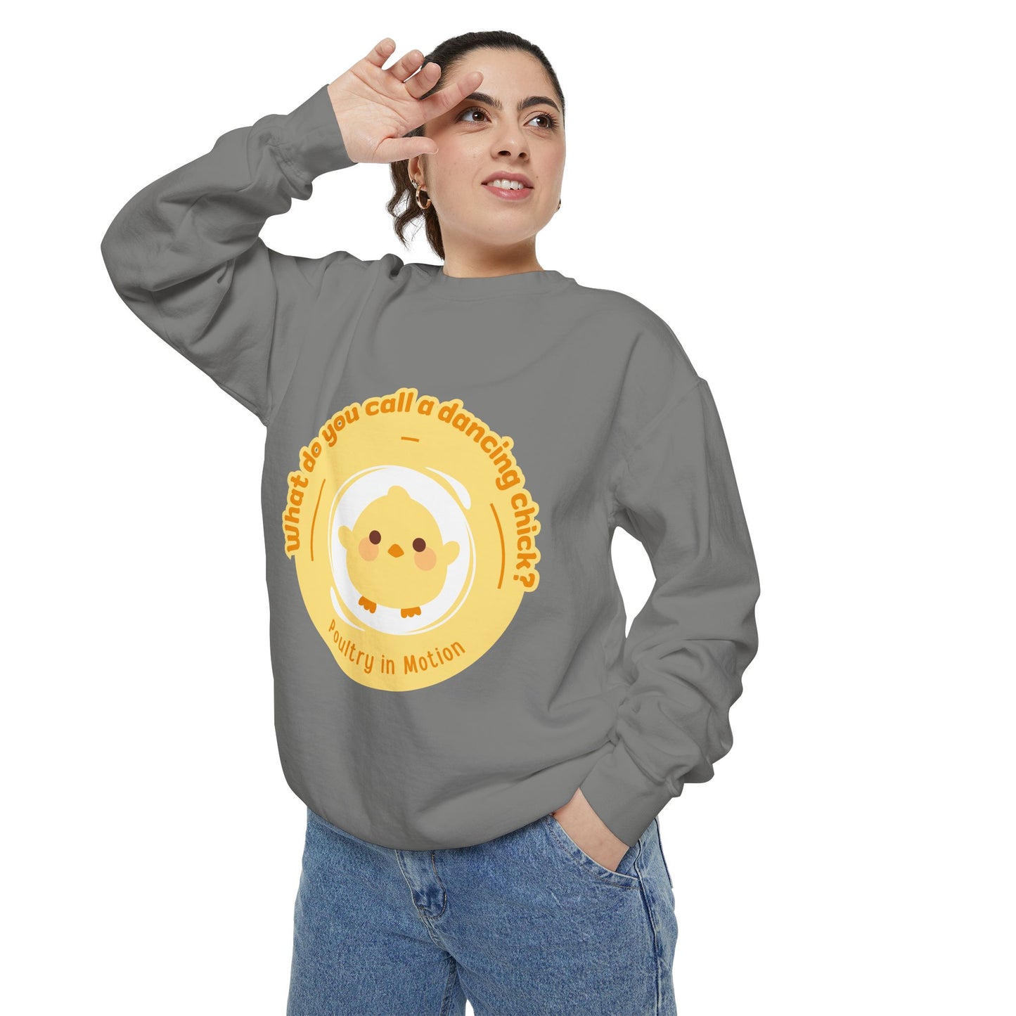 "What Do You Call a Dancing Chick? Poultry in Motion" Unisex Lightweight Crewneck Sweatshirt – Funny Dance Pun Pullover with Colorful Text Graphic for Dancers & Humor Lovers