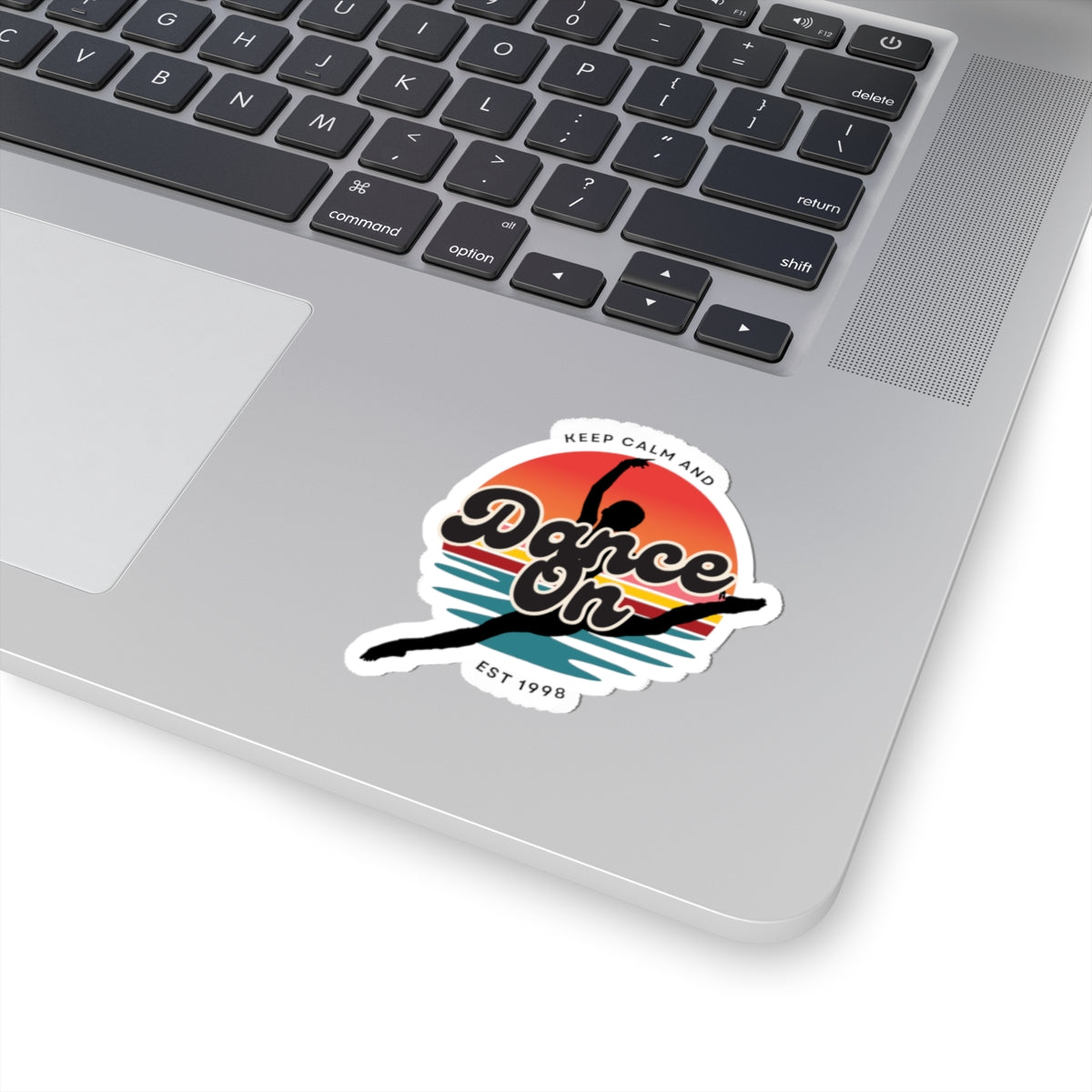 "Keep Calm and Dance On" Kiss-Cut Sticker β Retro Dancer Graphic β Motivational Dance-Themed Vinyl Sticker for Laptops, Journals & Water Bottles