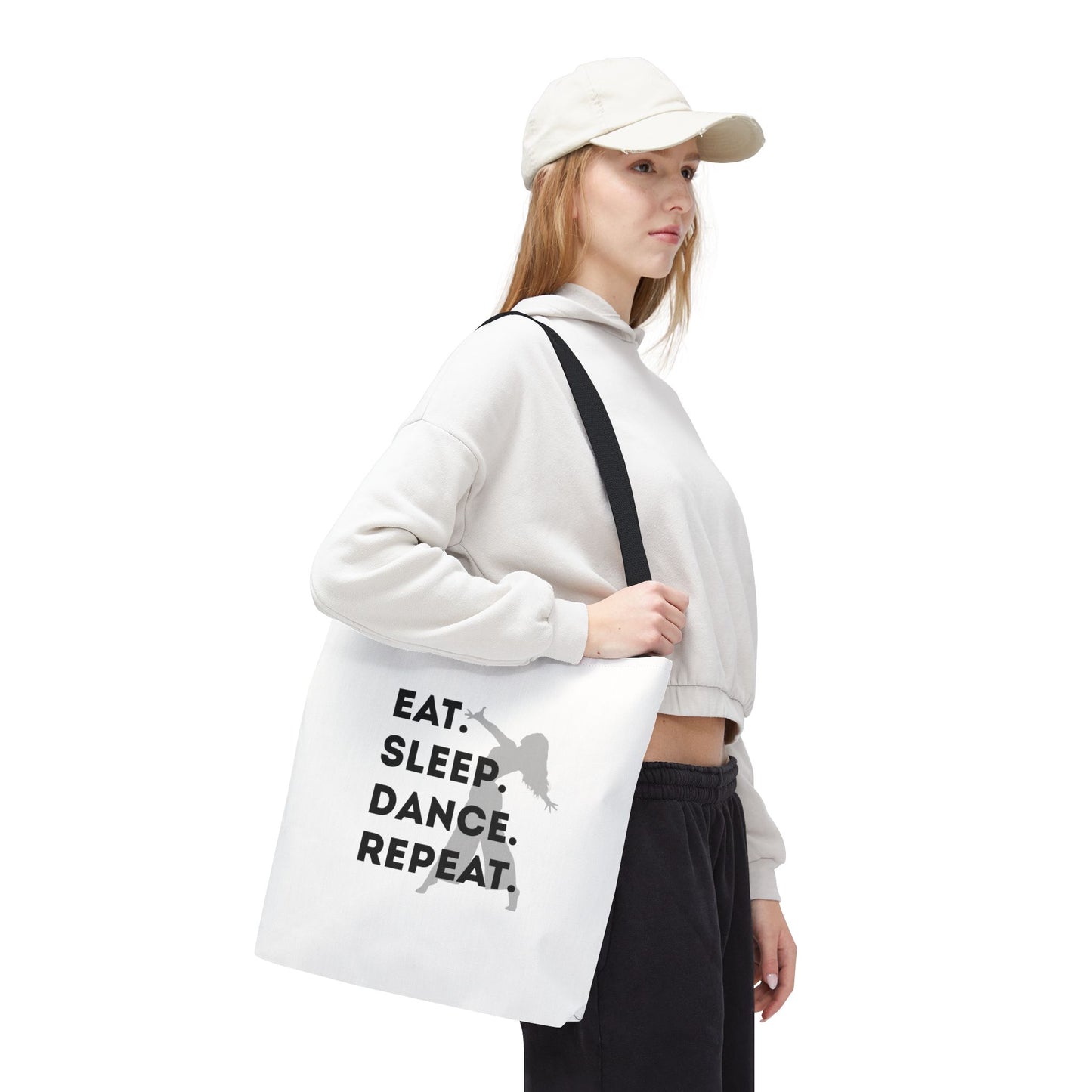 "Eat Sleep Dance Repeat" Canvas Tote Bag – Gray Dancer Silhouette Dance-Themed Reusable Shoulder Bag for Dancers, Studio, or Everyday Use